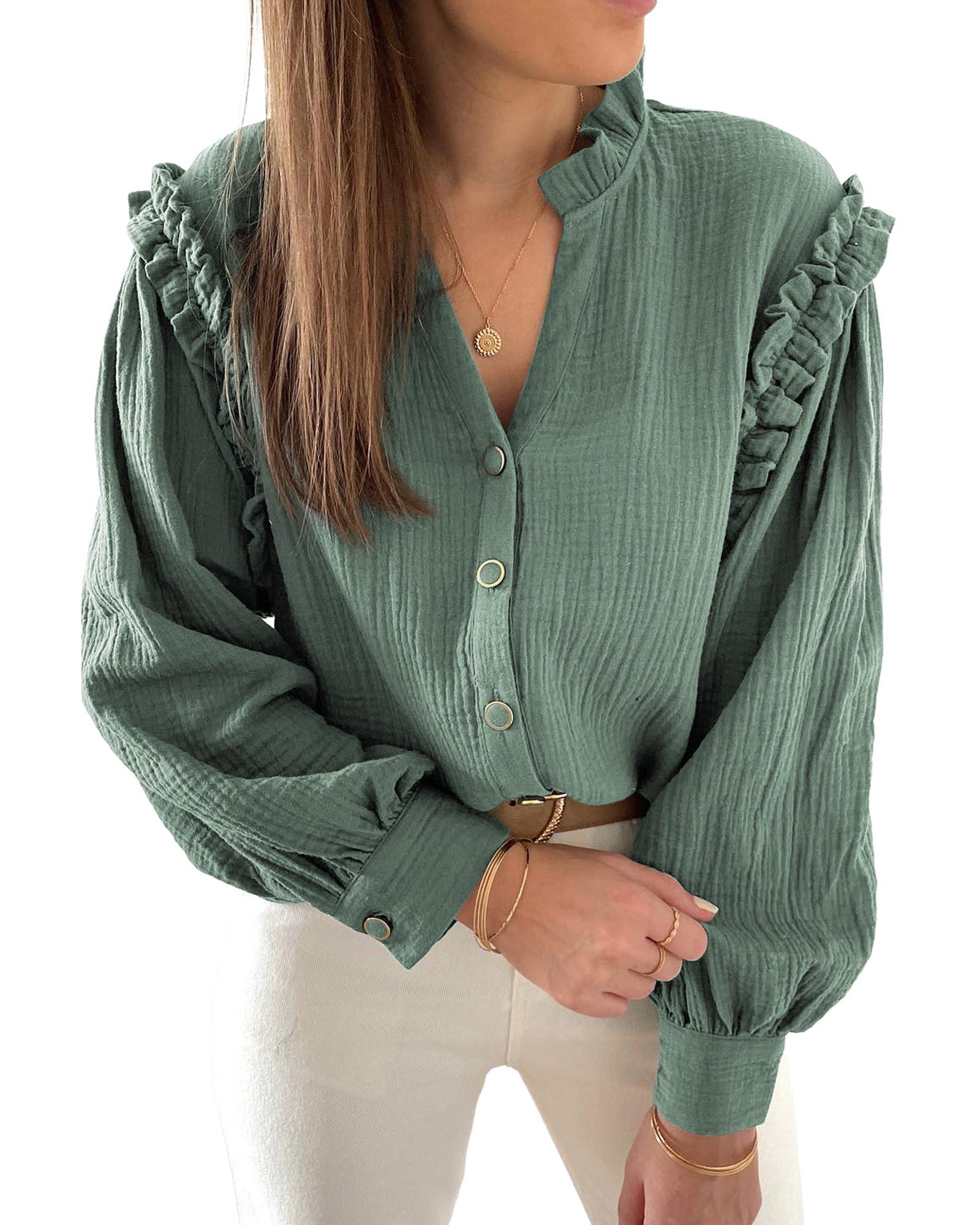 V539-AZEXDC2553989-9-M-202509010200-00 Azura Exchange Frilled Split Neck Crinkled Shirt - M - Image 1