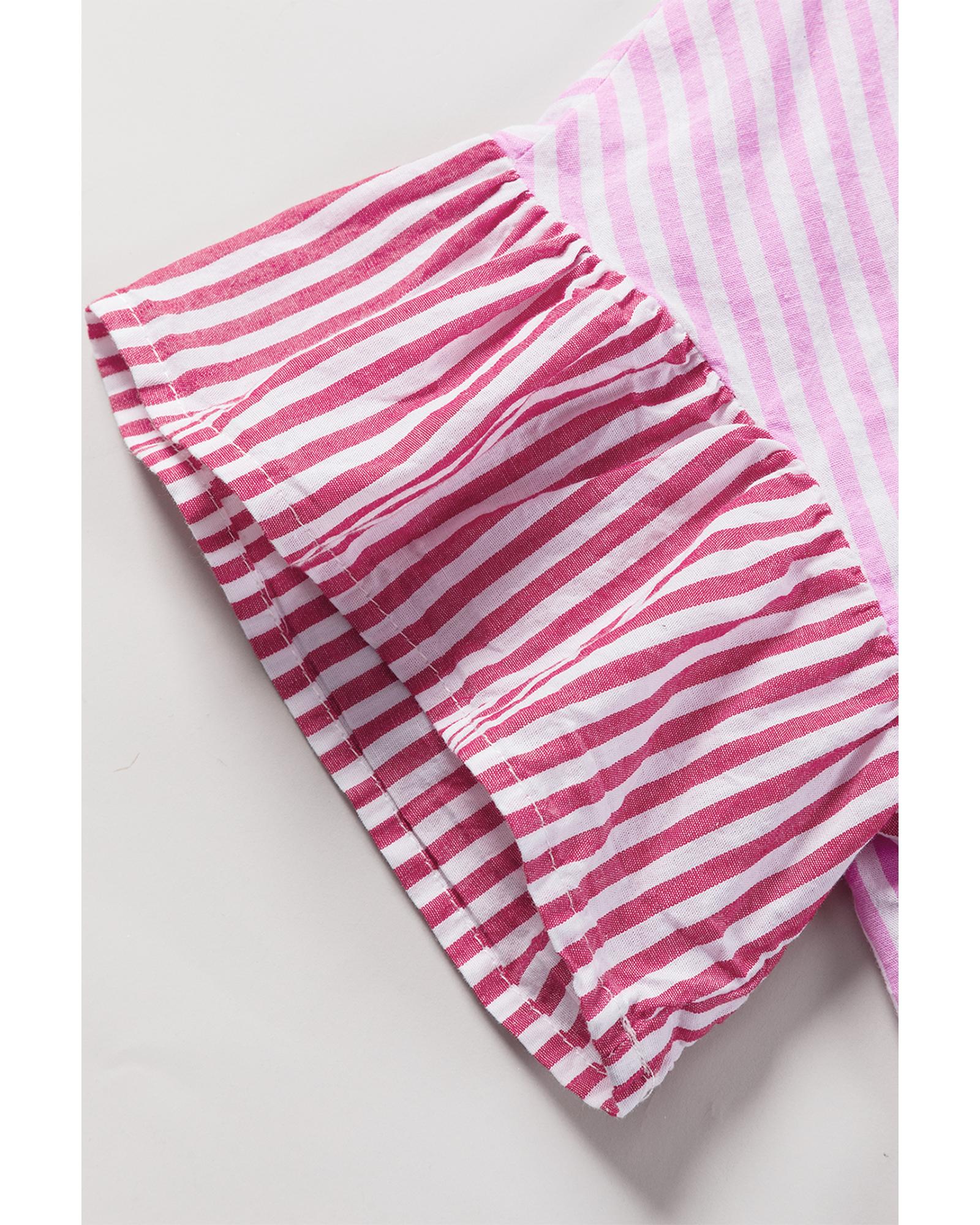 V539-AZEXDC2554614-P1019-S-202506131522-00 Pink Stripe Striped Patchwork Ruffled Hem Button up Shirt - S - Image 1