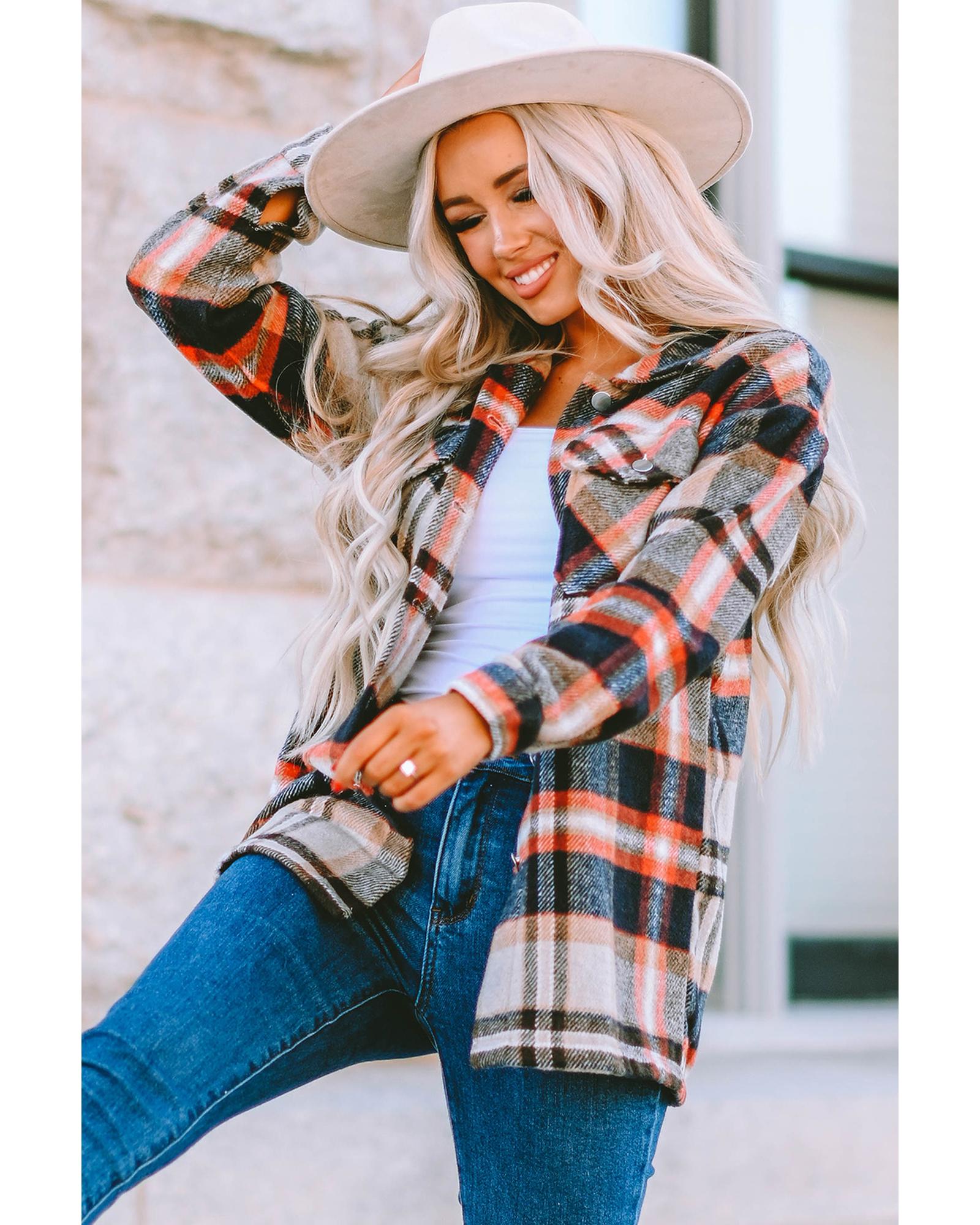 V539-AZEXDC255462-16-XL-202508271120-00 Azura Exchange Khaki Geometric Plaid Print Pocketed Shacket - XL - Image 1