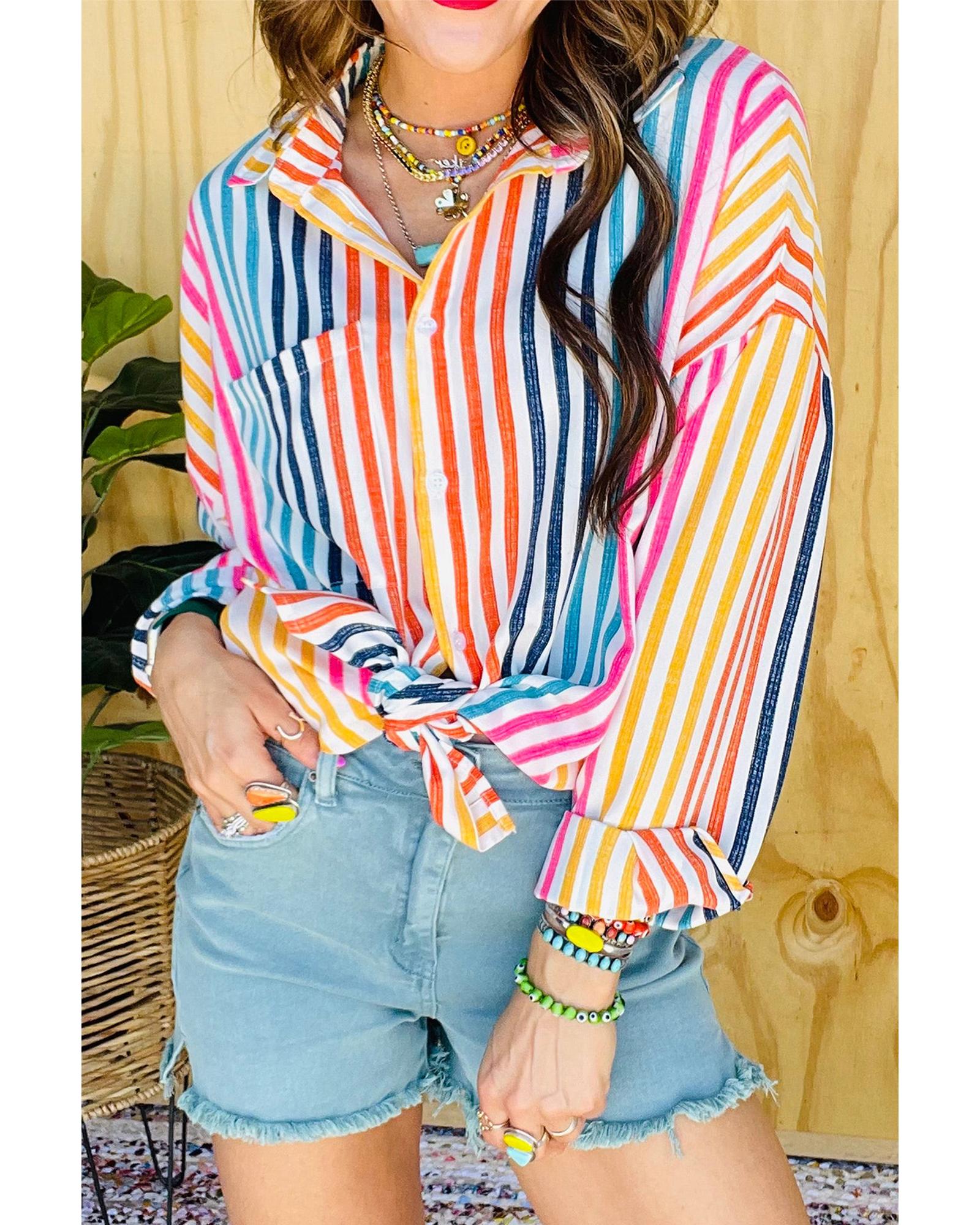 V539-AZEXDC2555058-P1419-S-202506131616-00 Orange Stripe Multicolor Drop Shoulder Loose Shirt - S - Image 1