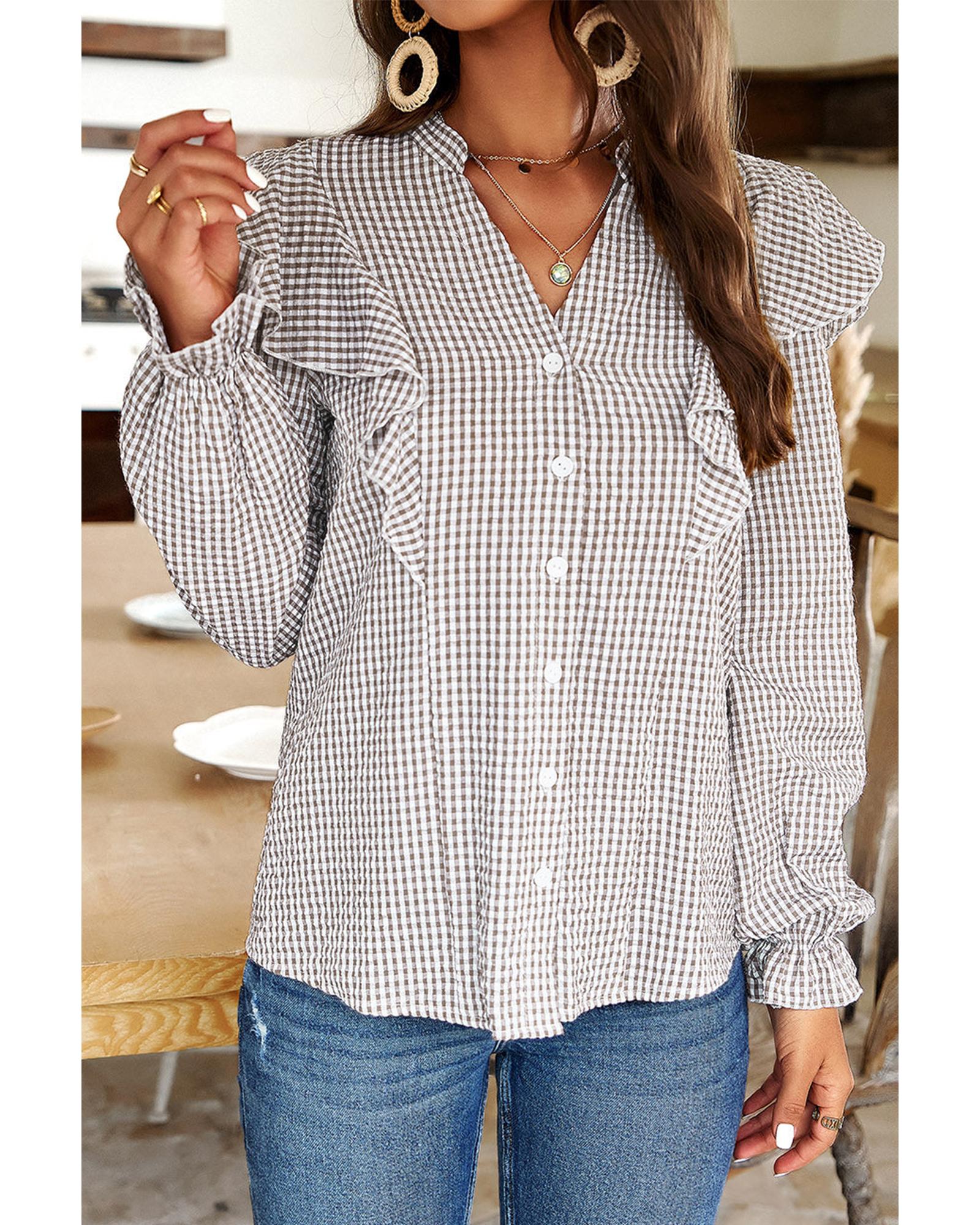 V539-AZEXDC2555363-P1720-L-202506131641-00 Brown Plaid Flounce Sleeve Notched Neck Ruffled Shirt - L - Image 1