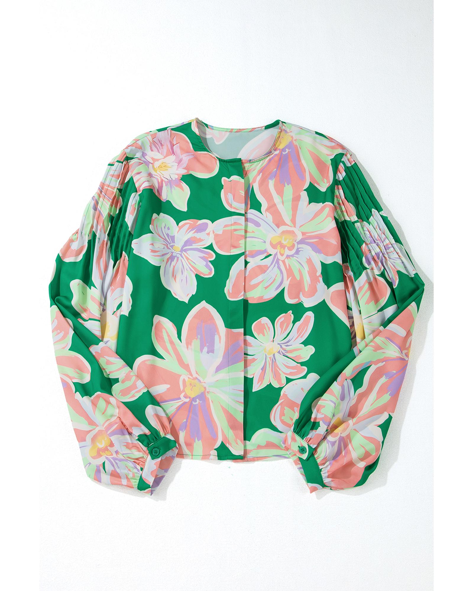 V539-AZEXDC2555466-P920-L-202508280040-00 Green Floral Print Button up Pleated Puff Sleeve Loose Shirt - L - Image 1