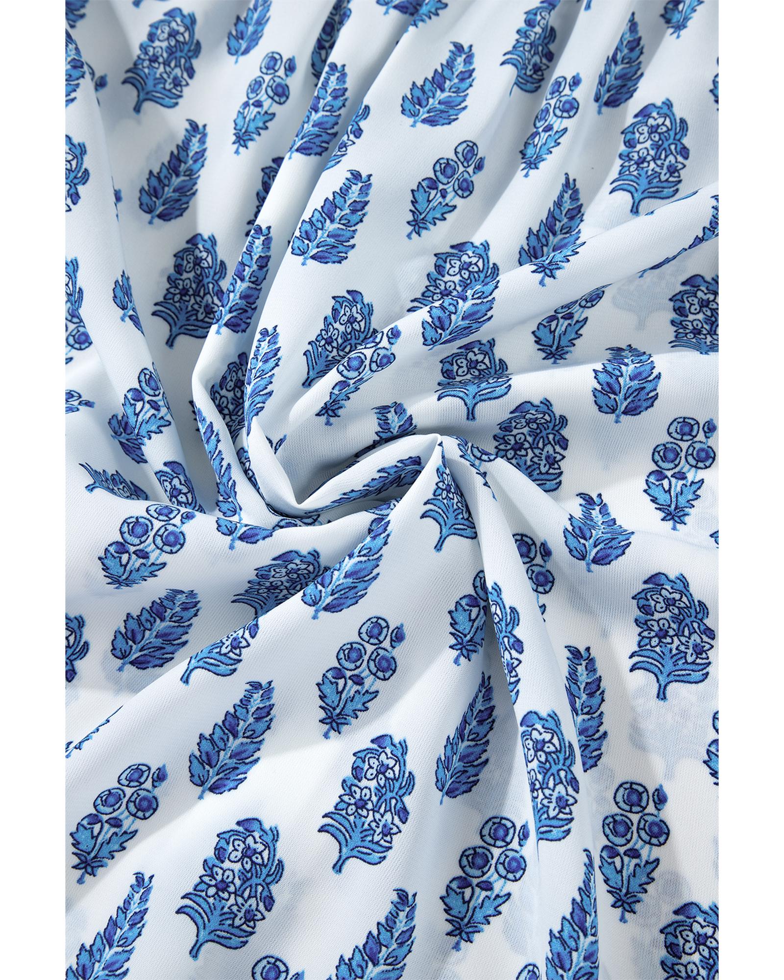 V539-AZEXDC2555520-P420-S-202506131730-00 Sky Blue Boho Floral Printed Lantern Sleeve Frilled Neck Shirred Shirt - S - Image 1