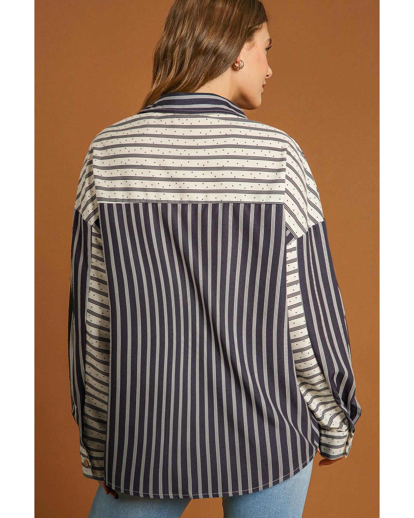 V539-AZEXDC2555681-P219-L-202508281530-00 Black Stripe 2-tone Patchwork Half Buttons Chest Pockets Casual Blouse - L - Image 1