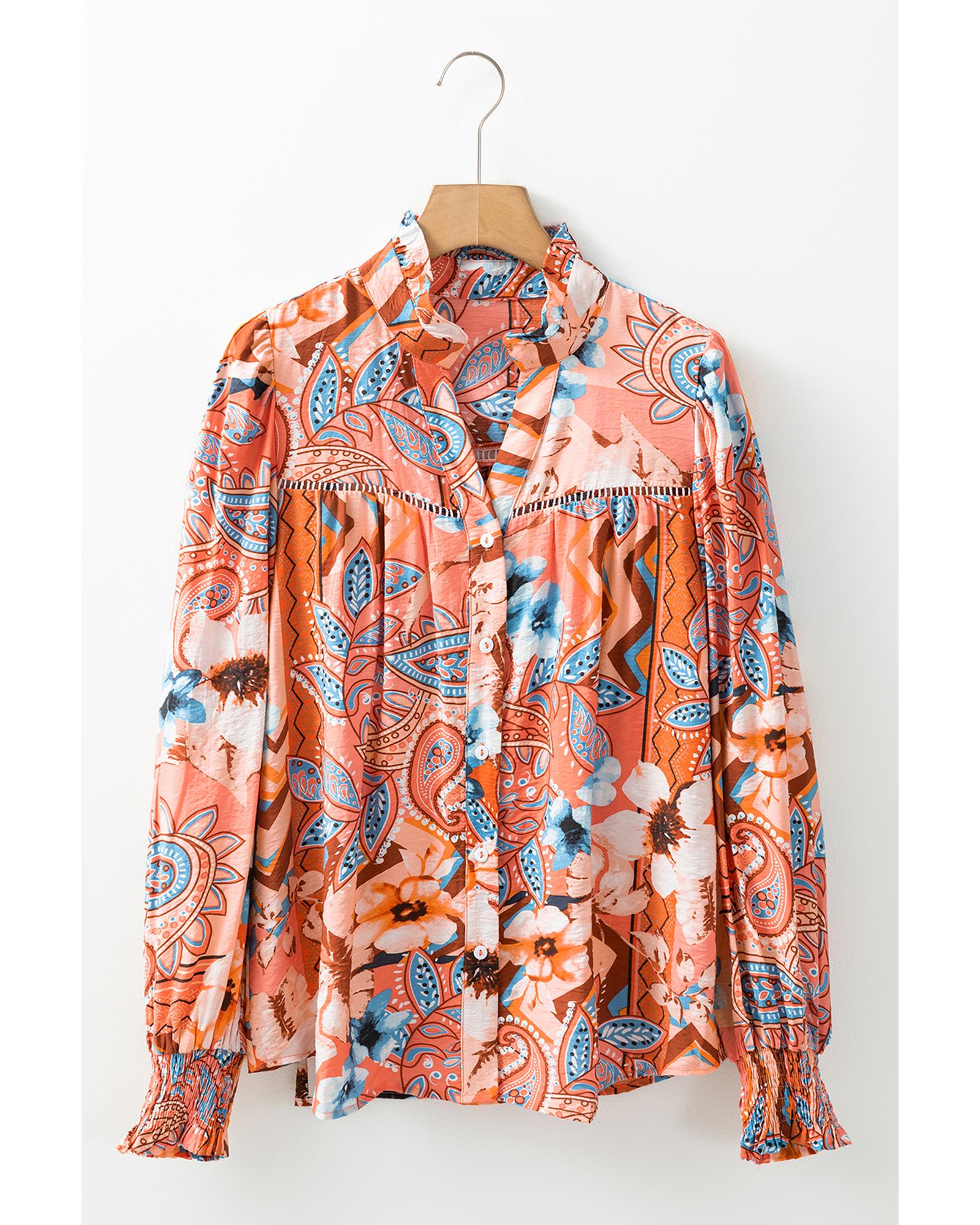 V539-AZEXDC2555708-P1420-M-202508282120-00 Orange Floral Print Shirred Cuff Buttoned Loose Shirt - M - Image 1