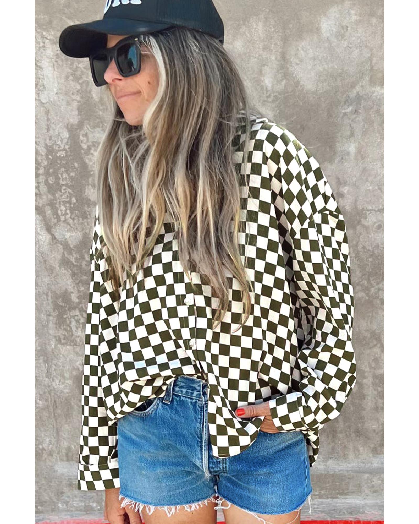 V539-AZEXDC2555761-P920-XL-202508291505-00 Green Checkerboard Printed Drop Shoulder Loose Casual Shirt - XL - Image 1