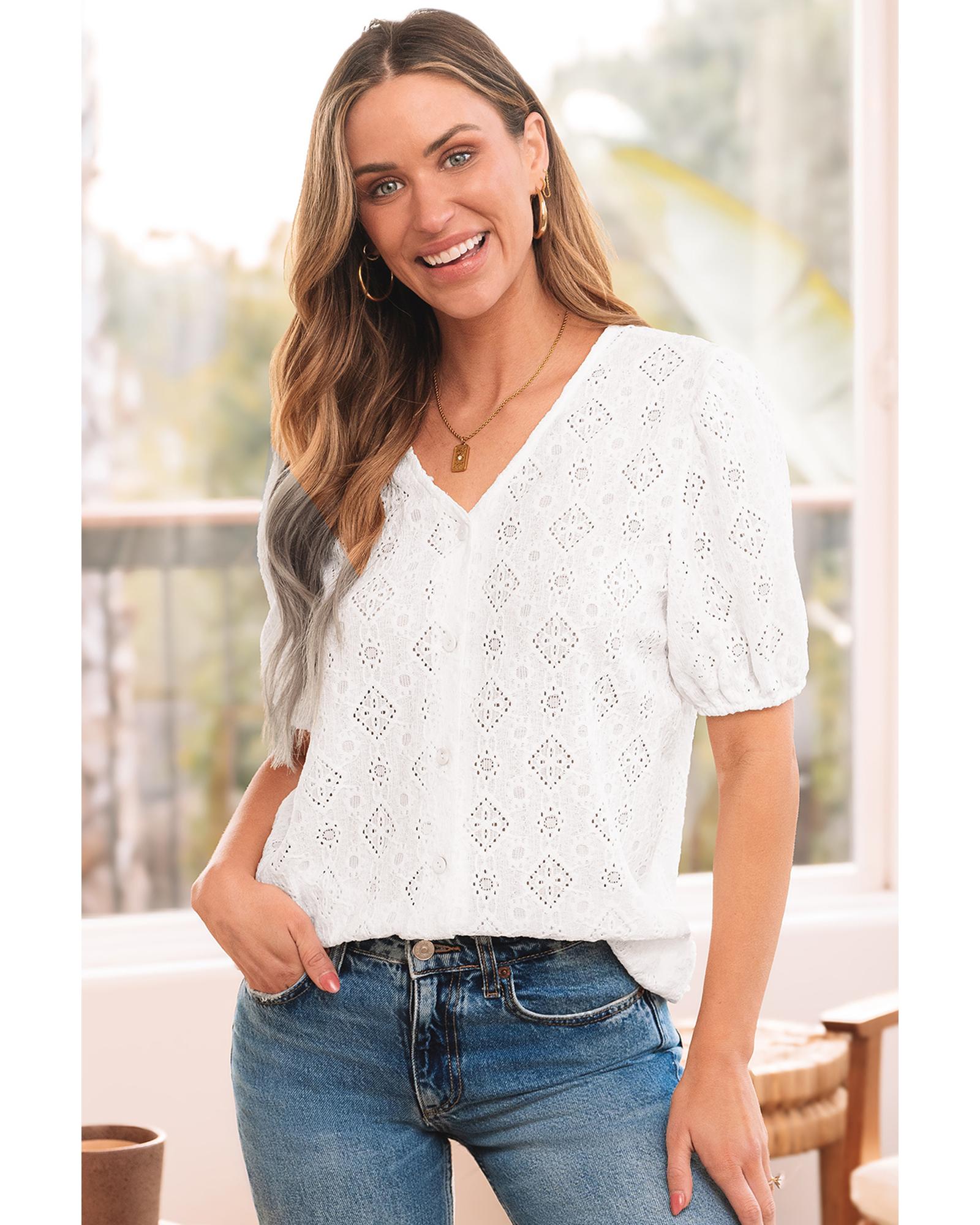 V539-AZEXDC2555821-P1-M-202508300105-00 White Lace Puff Sleeve V Neck Button Up Shirt - M - Image 1