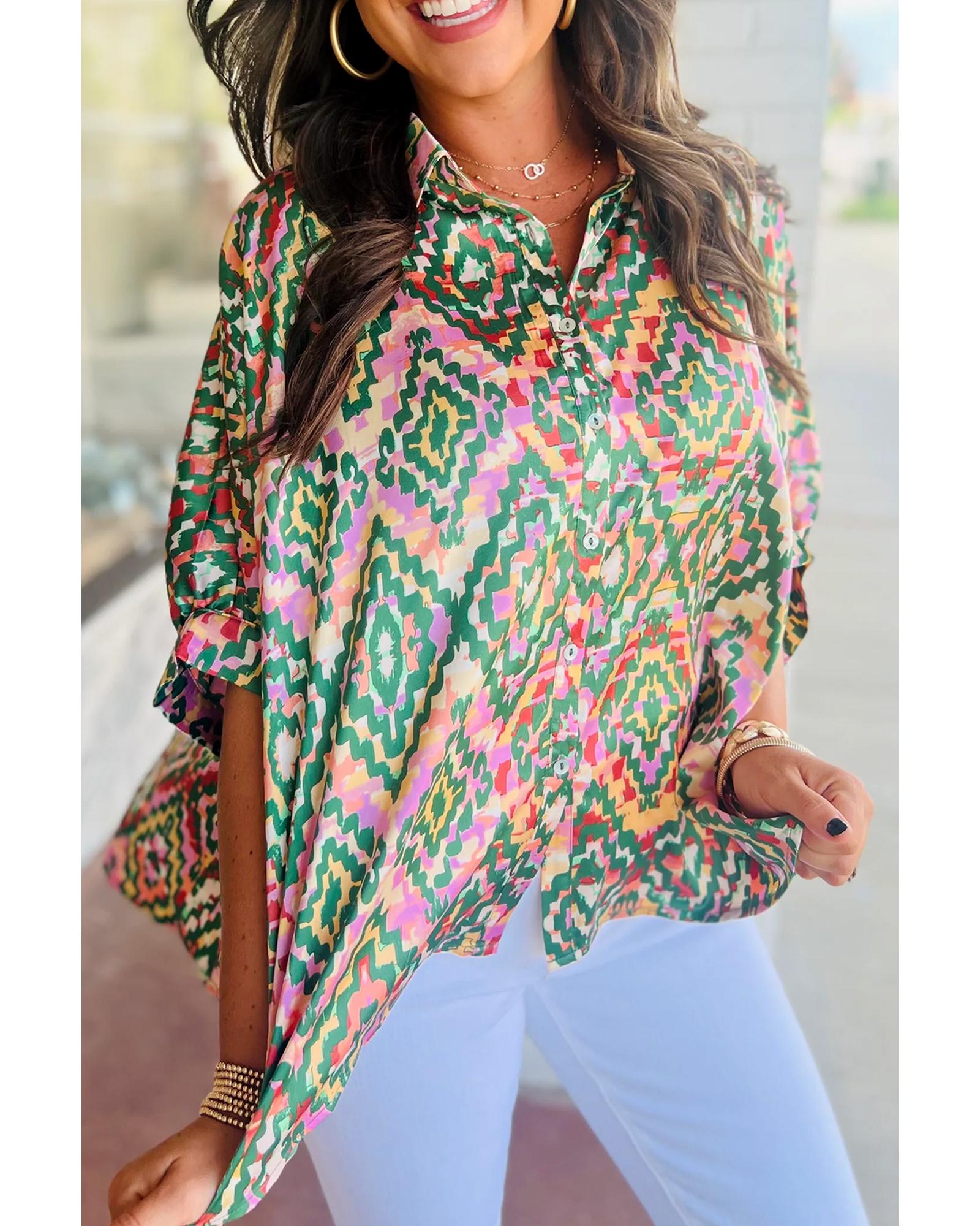 V539-AZEXDC2555892-P209-S-202506131422-00 Dark Green Abstract Print Half Sleeve Button up Loose Shirt - S - Image 1