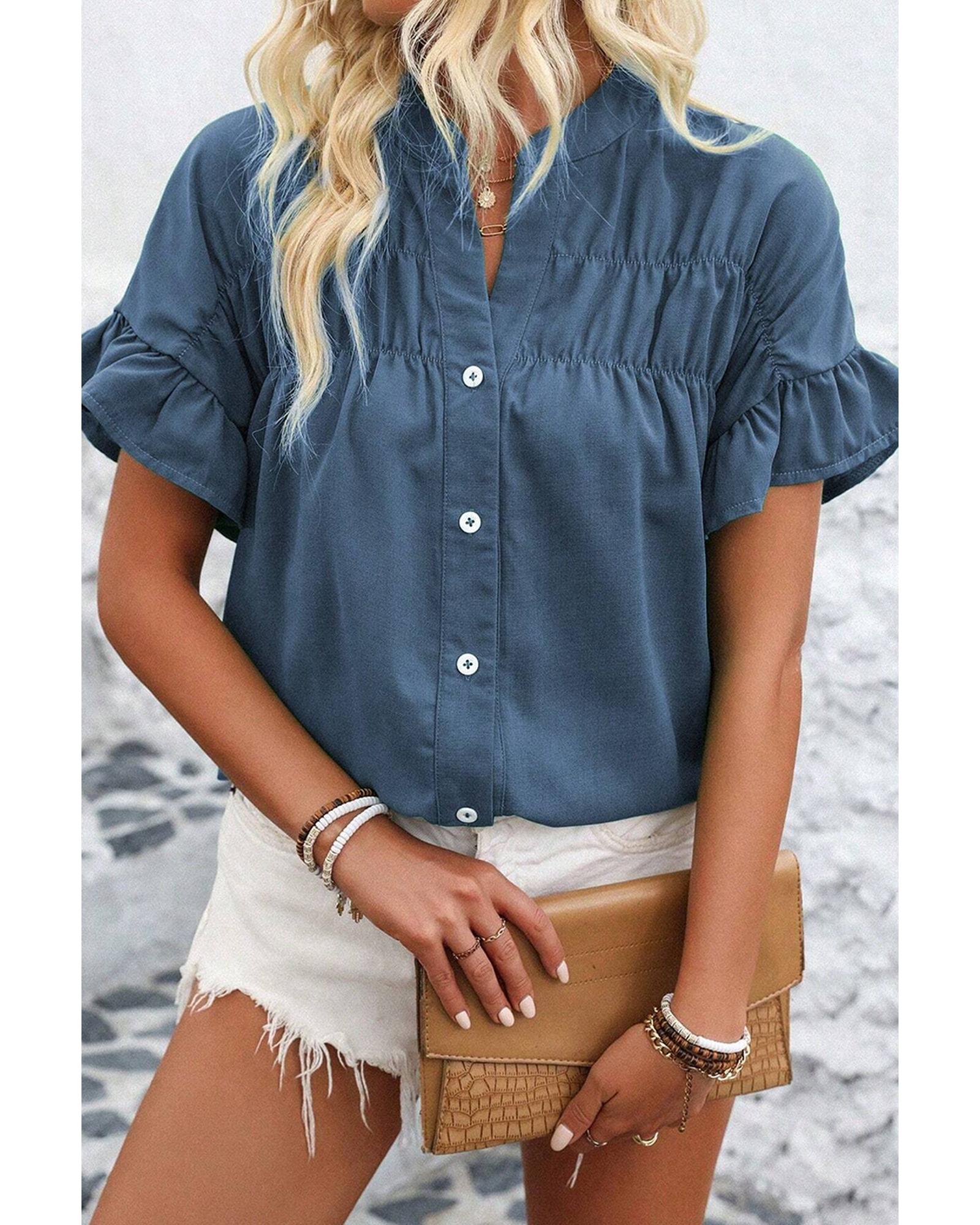 V539-AZEXDC2555981-P705-S-202508300345-00 Real Teal Solid Color Ruffle Ruched Short Sleeve Buttoned Shirt - S - Image 1