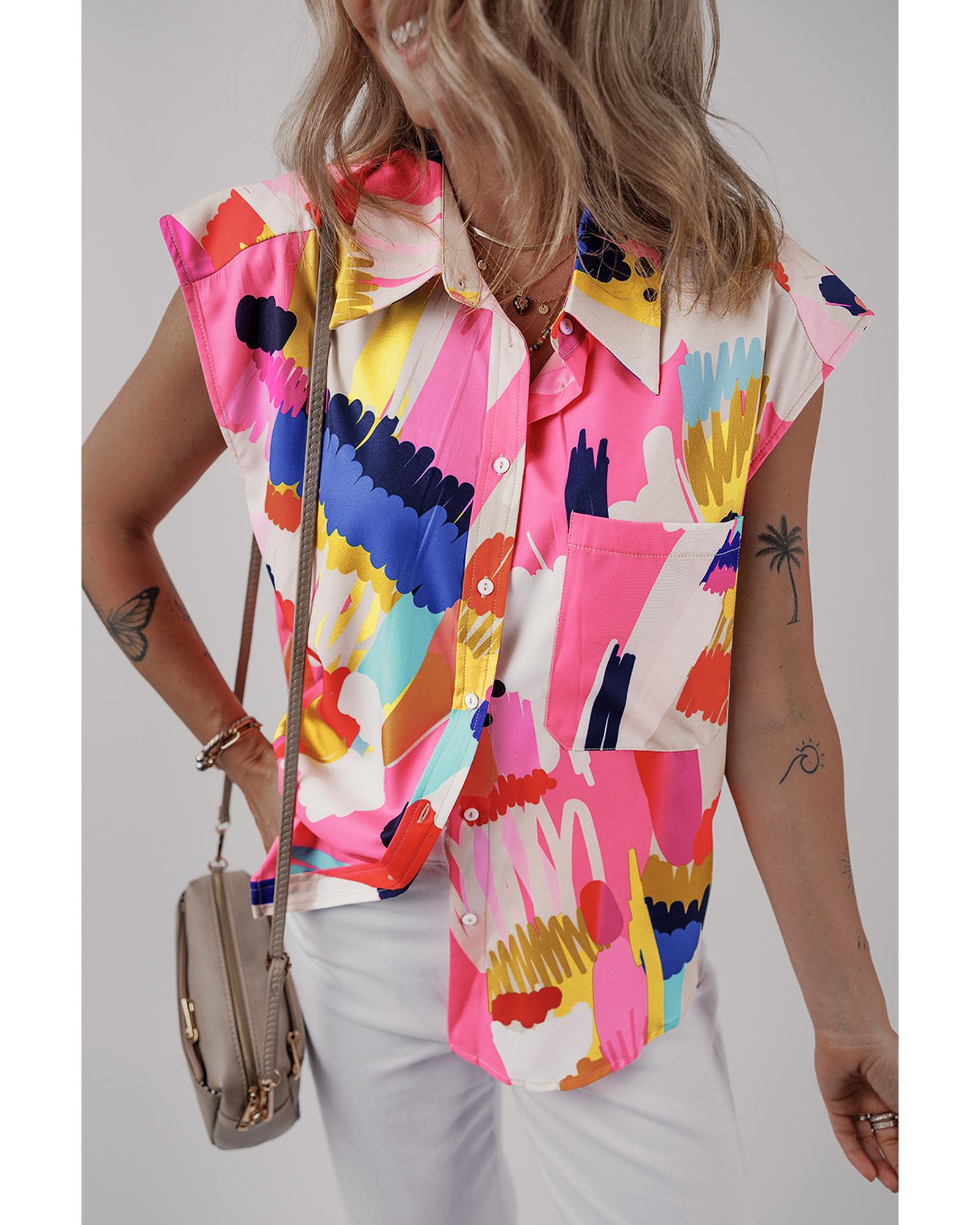 V539-AZEXDC2556025-P22-XL-202508282100-00 Multicolour Abstract Print Collared Cap Sleeve Casual Shirt - XL - Image 1