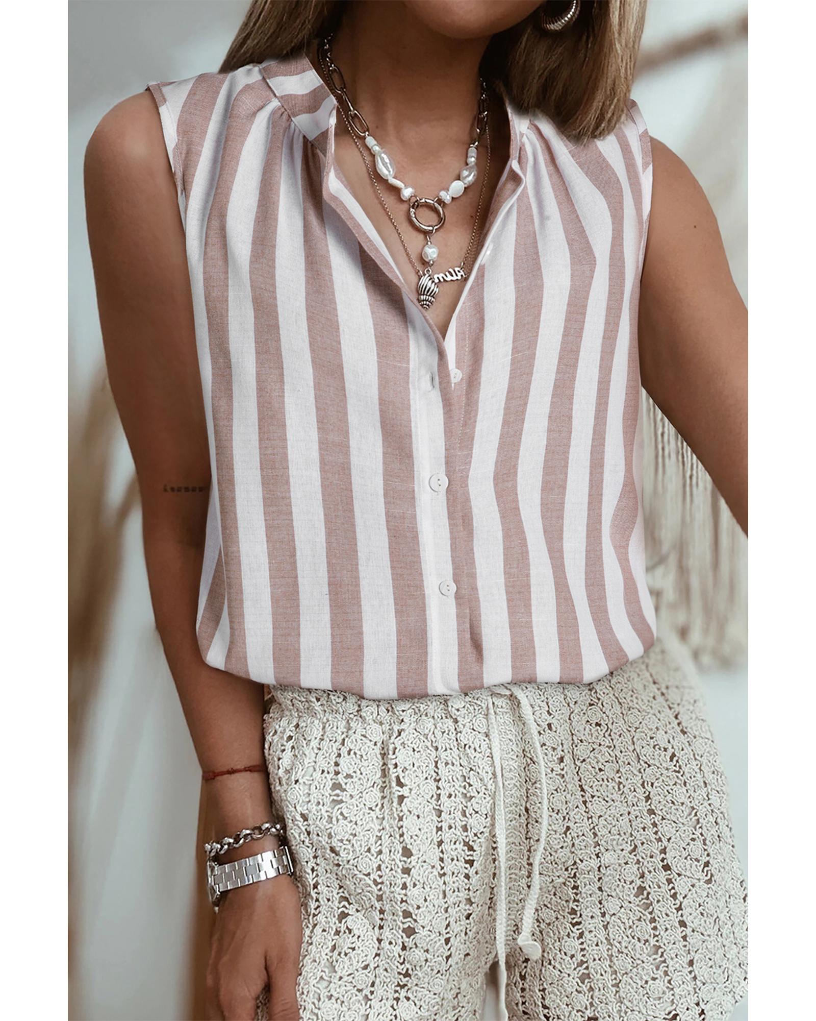 V539-AZEXDC2556185-P1619-M-202508290225-00 Khaki Stripe Casual Button Down Sleeveless Shirt - M - Image 1