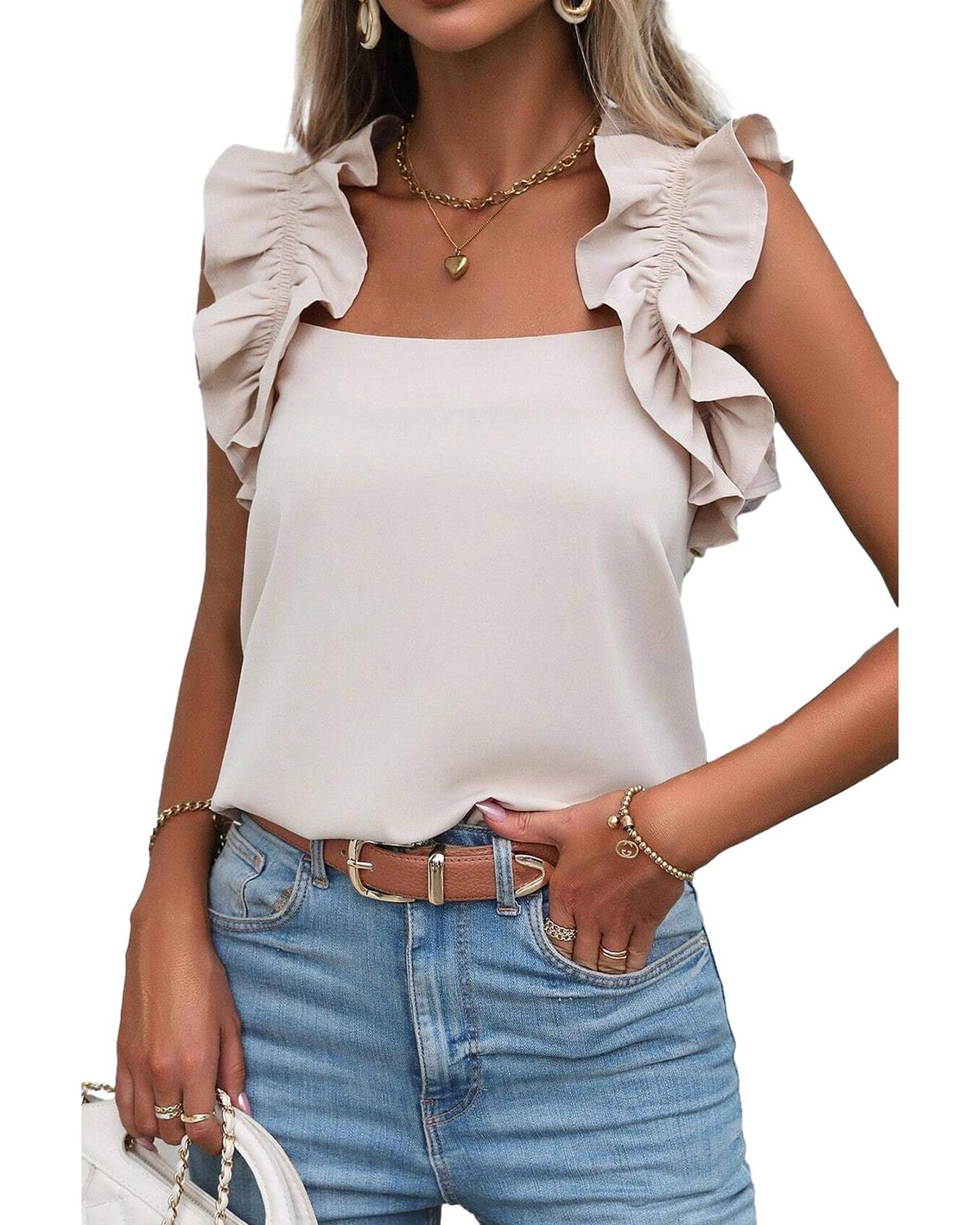 V539-AZEXDC25611320-P1015-L-202508280255-00 Oatmeal Solid Ruffle Trim Sleeveless Top - L - Image 1