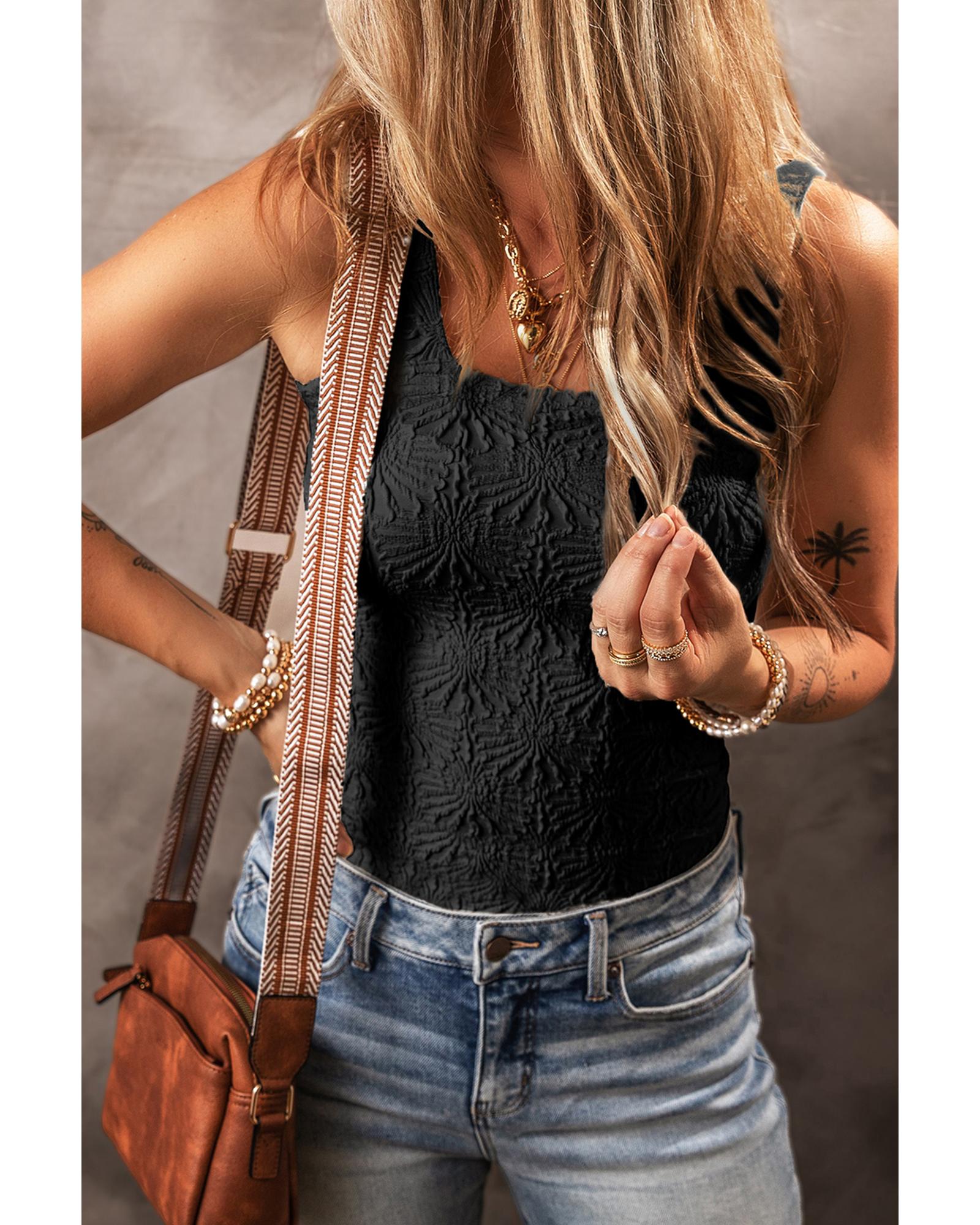 V539-AZEXDC25611630-P2-XL-202508270245-00 Black Floral Jacquard Square Neck Tank Top - XL - Image 1