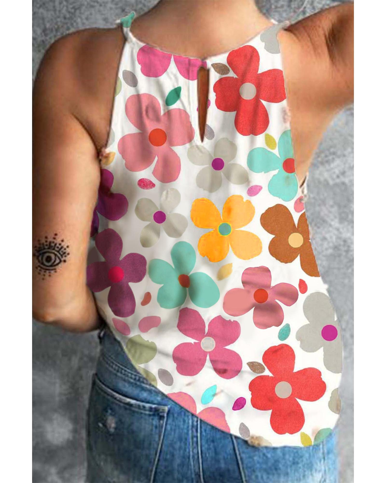 V539-AZEXDC25611928-P122-XL-202508281810-00 White Cute Floral Print Vest - XL - Image 1