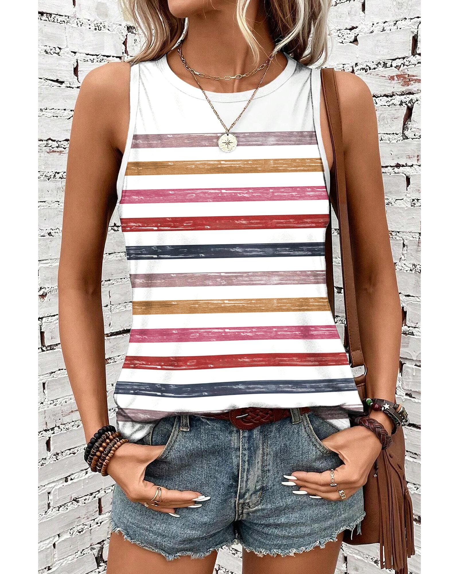V539-AZEXDC25612478-P319-S-202506131422-00 Red Stripe Rainbow Round Neck Tank Top - S - Image 1