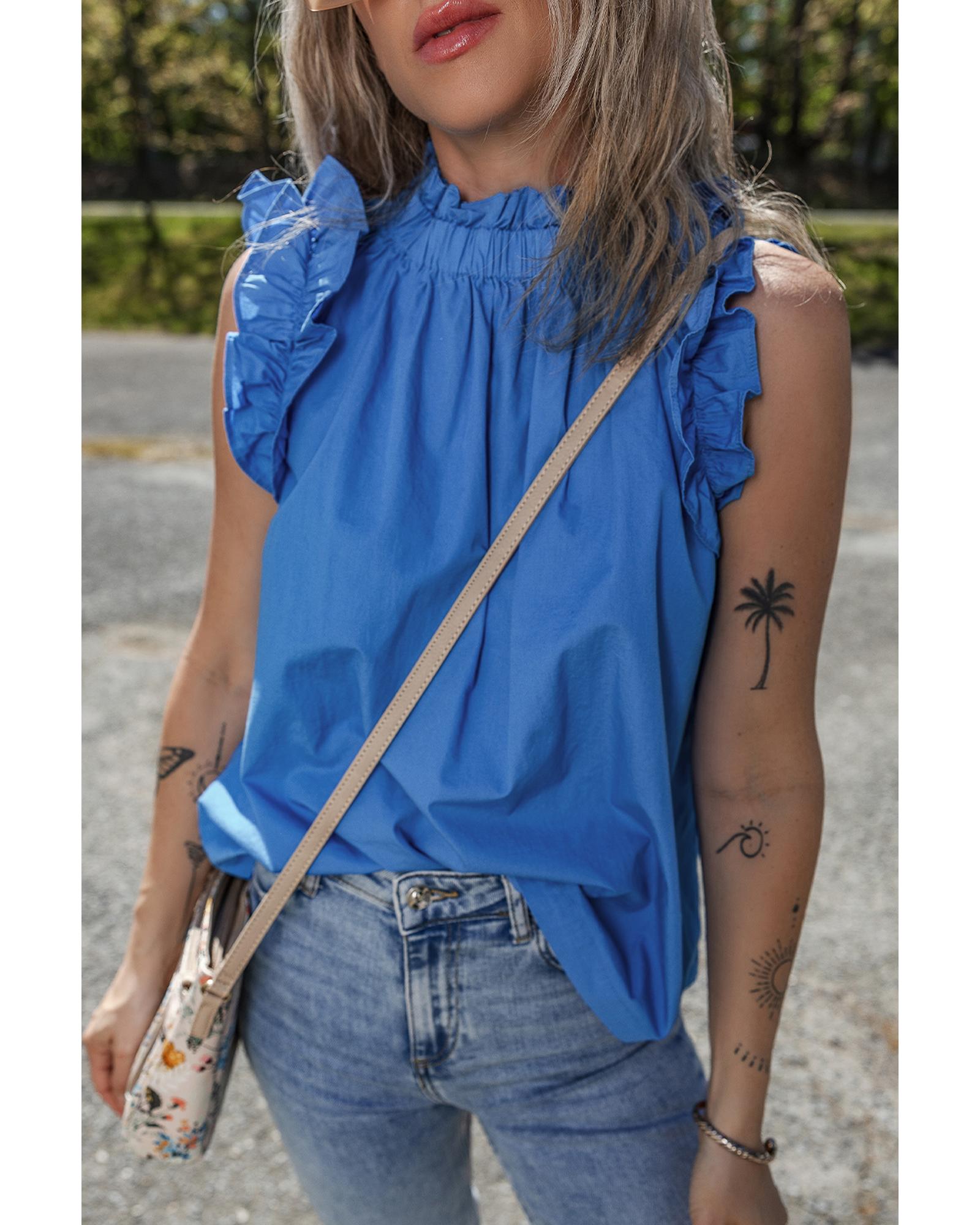 V539-AZEXDC25612488-P205-XL-202508300355-00 Sky Blue Frilled Neck Ruffled Armholes Buttoned Back Tank Top - XL - Image 1