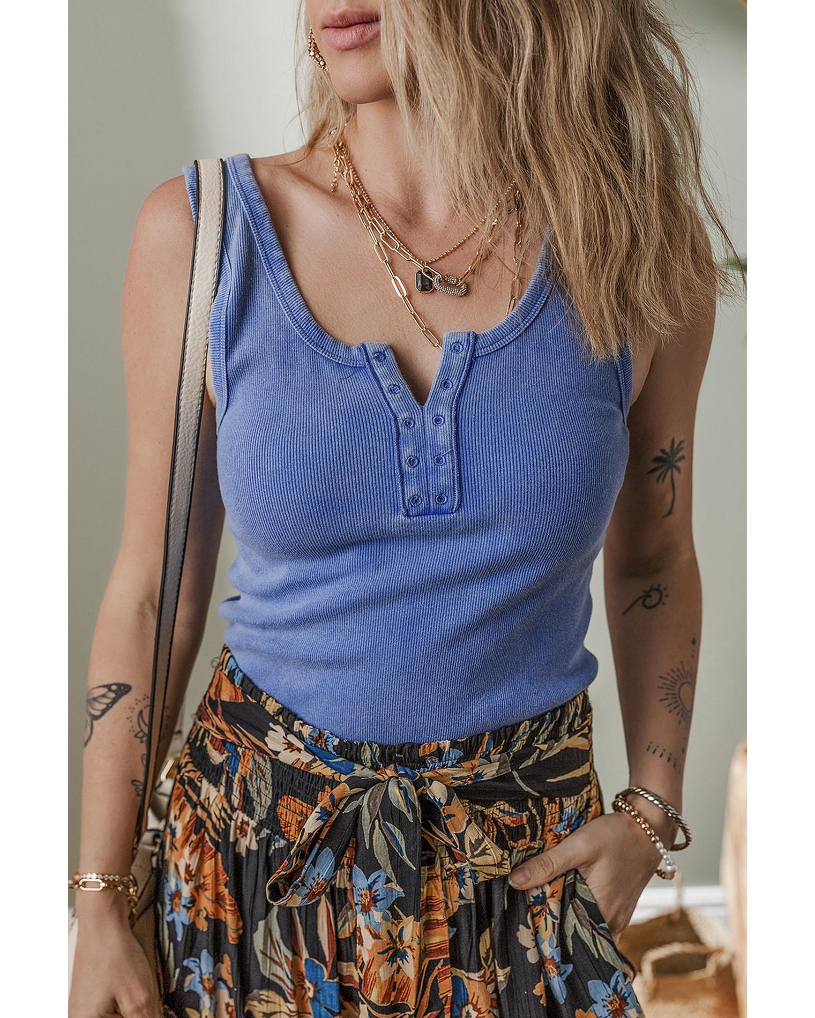 V539-AZEXDC25612491-P205-S-202506131441-00 Sky Blue Mineral Wash Ribbed Notch Neck Tank Top - S - Image 1