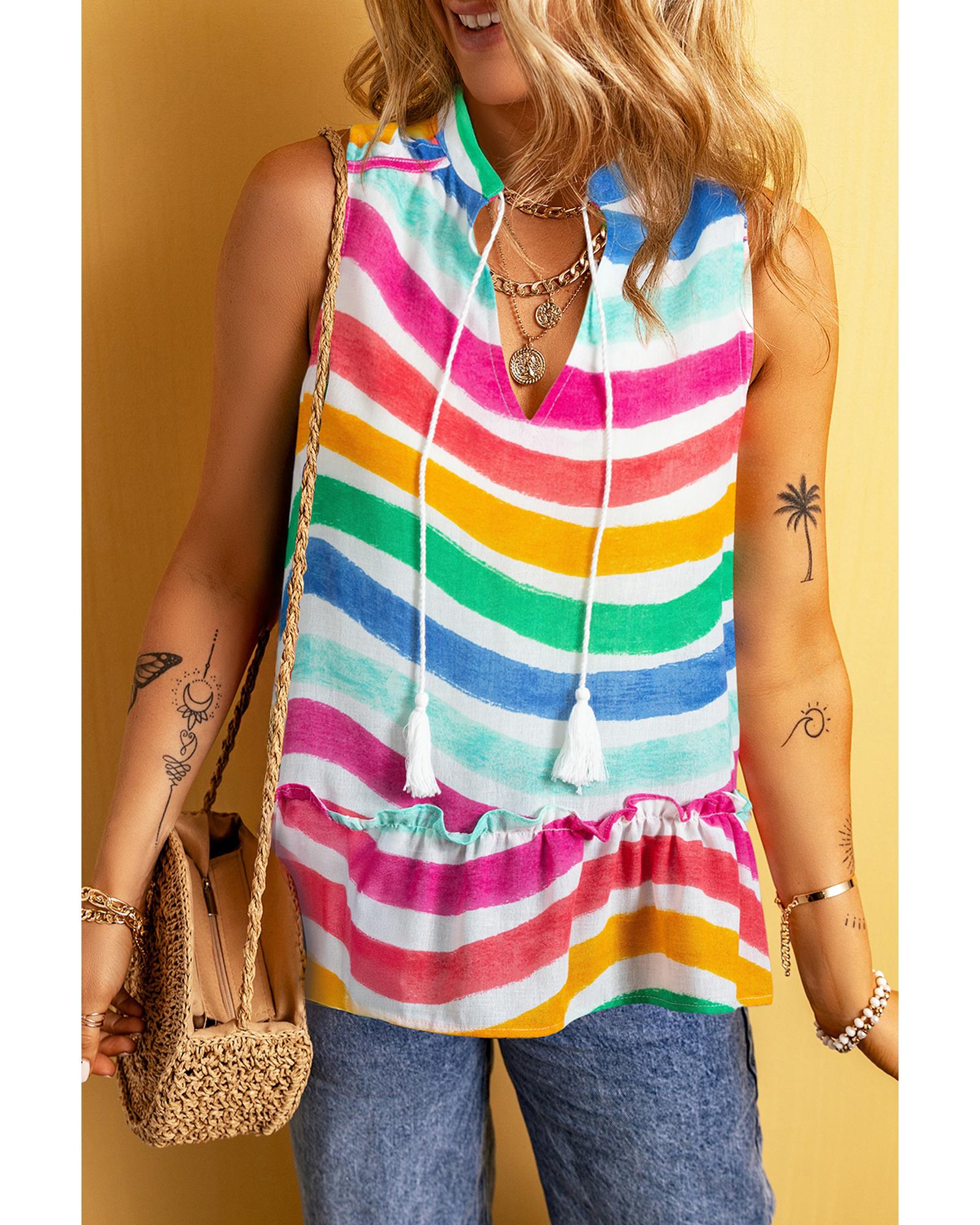 V539-AZEXDC25612501-P622-M-202508292330-00 Rose Red Rainbow Stripes Ruffled Hem Drawstring V Neck Tank Top - M - Image 1