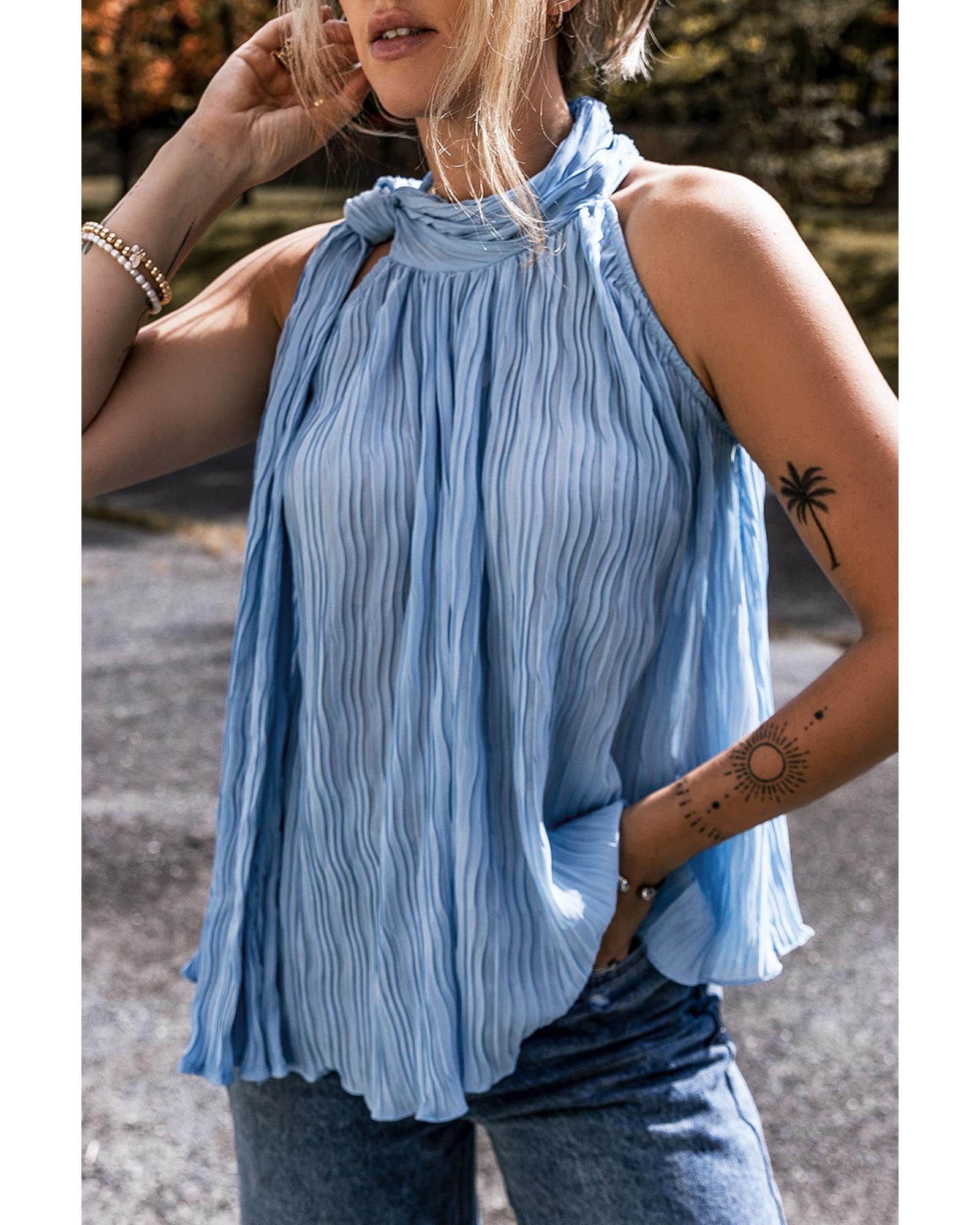 V539-AZEXDC25612509-P1204-XL-202508300125-00 Myosotis Textured Pleated Tied Mock Neck Flowy Tank Top - XL - Image 1