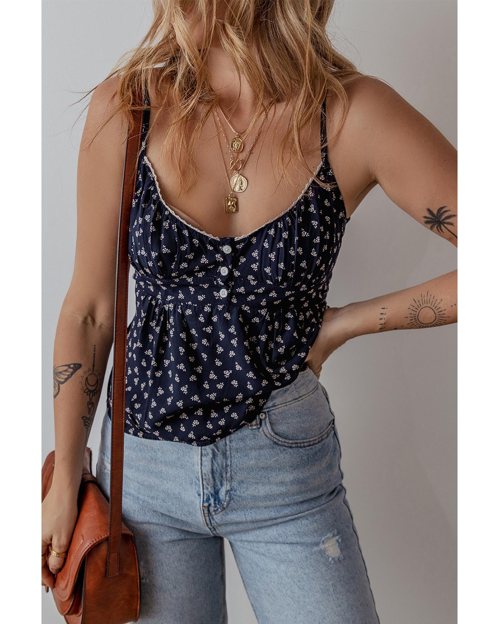 V539-AZEXDC25612513-P520-XL-202508300700-00 Blue Floral Print Spaghetti Strap Buttoned V Neck Tank Top - XL - Image 1