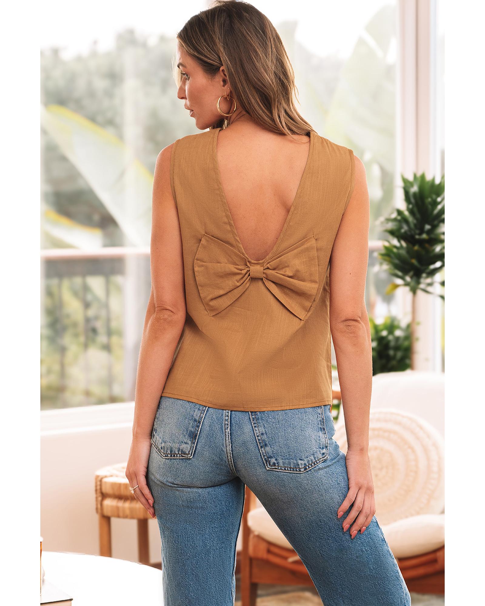 V539-AZEXDC25612523-P8014-S-202506131531-00 Desert Gold Bowknot V Cut Backless Cotton Tank Top - S - Image 1