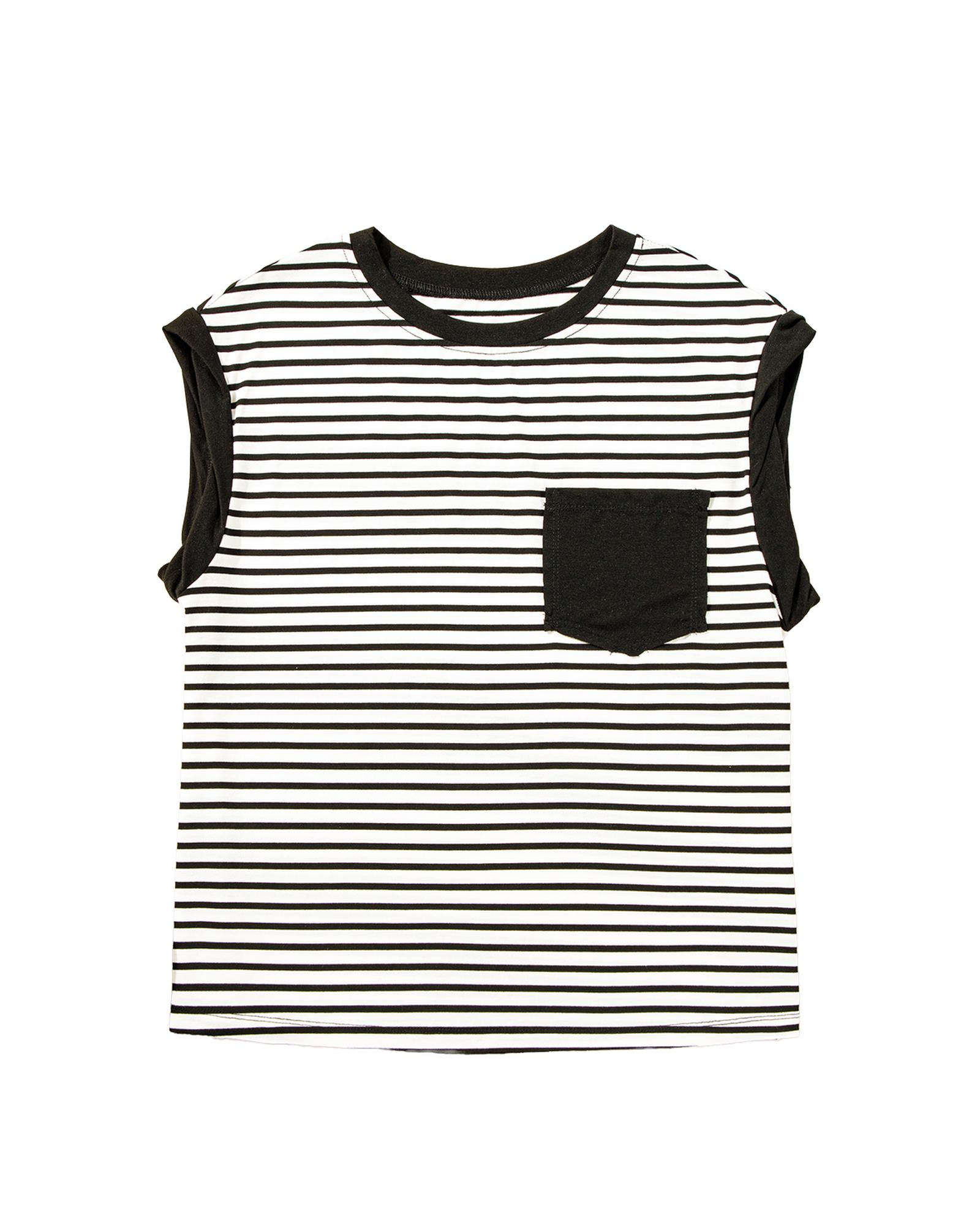 V539-AZEXDC25612602-P219-S-202508270640-00 Black Stripe Chest Pocket Patch Round Neck Tank Top - S - Image 1