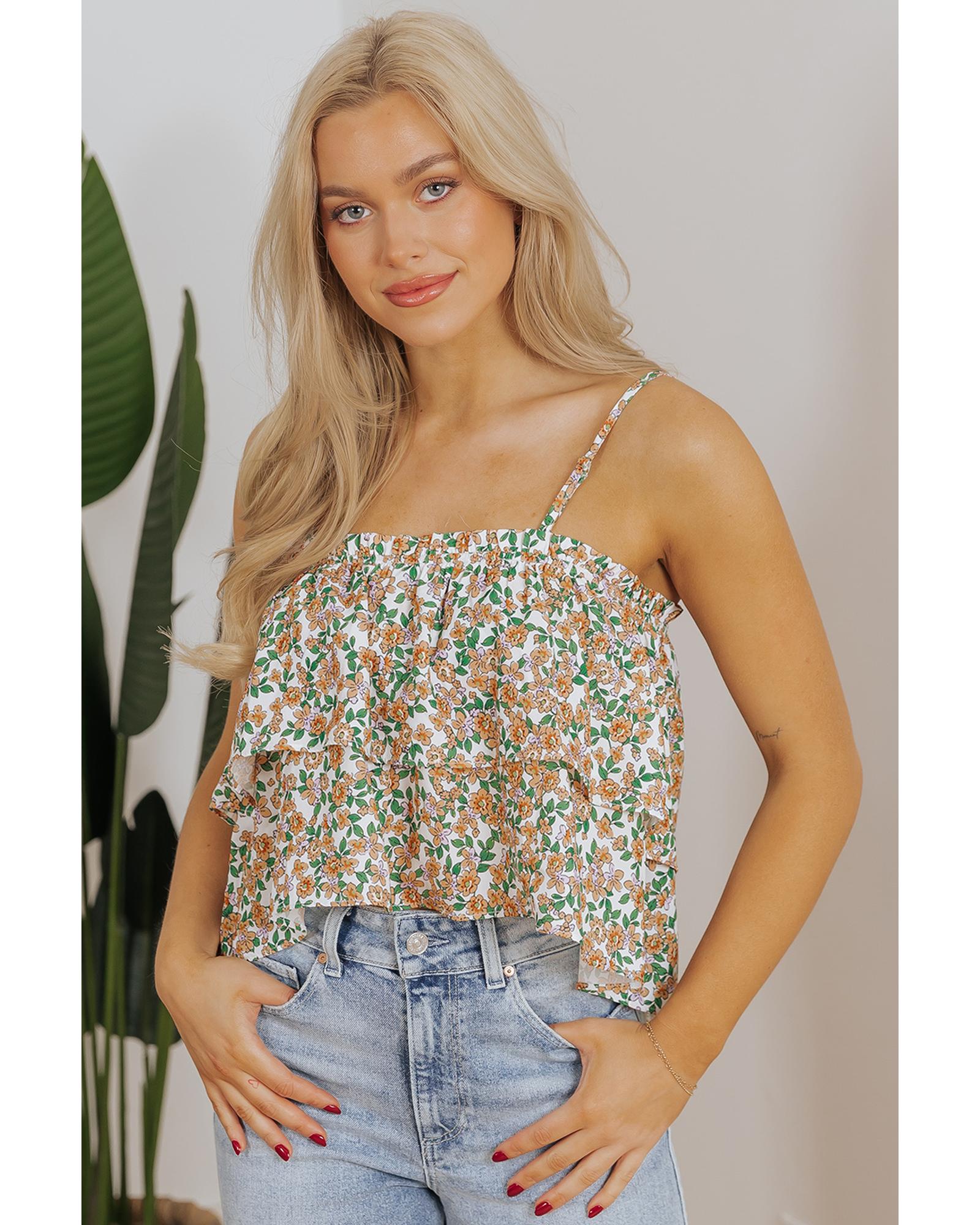V539-AZEXDC25612624-P120-XL-202508271440-00 White Boho Floral Spaghetti Strap Ruffle Summer Tank Top - XL - Image 1