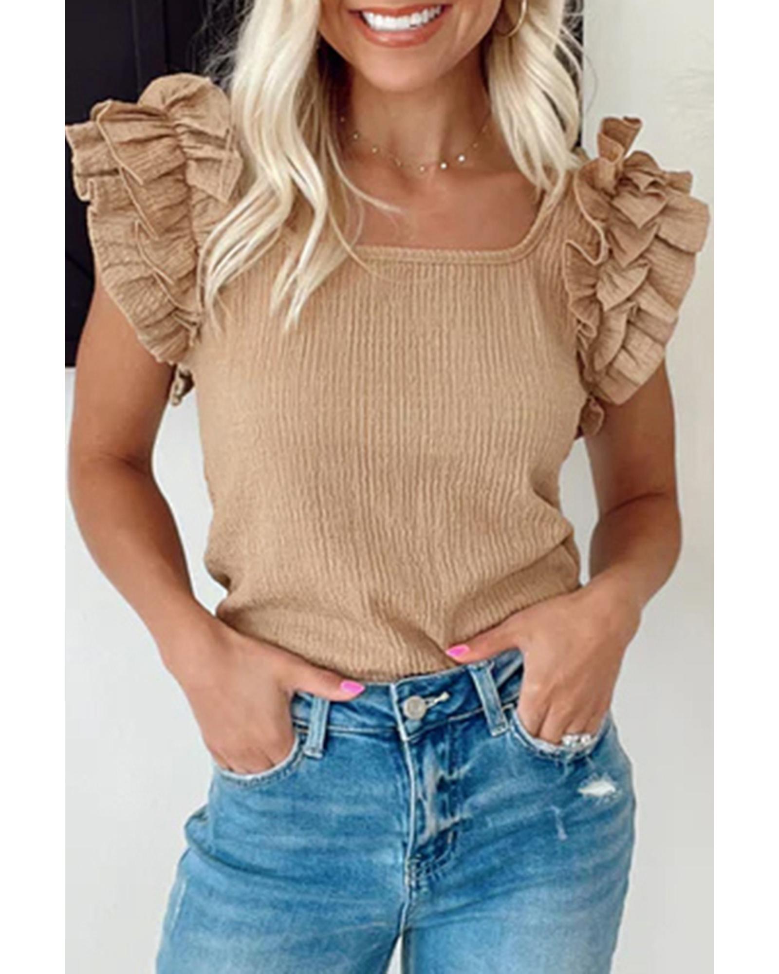 V539-AZEXDC25612628-P7016-L-202508271640-00 Smoke Gray Ruffled Tiered Sleeve Square Neck Textured Top - L - Image 1