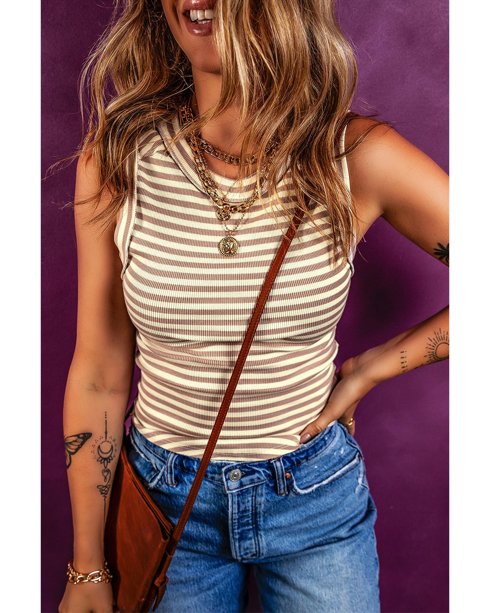 V539-AZEXDC25612714-P1619-XL-202508271110-00 Khaki Stripe Exposed Seam Trim Round Neck Sleeveless Top - XL - Image 1