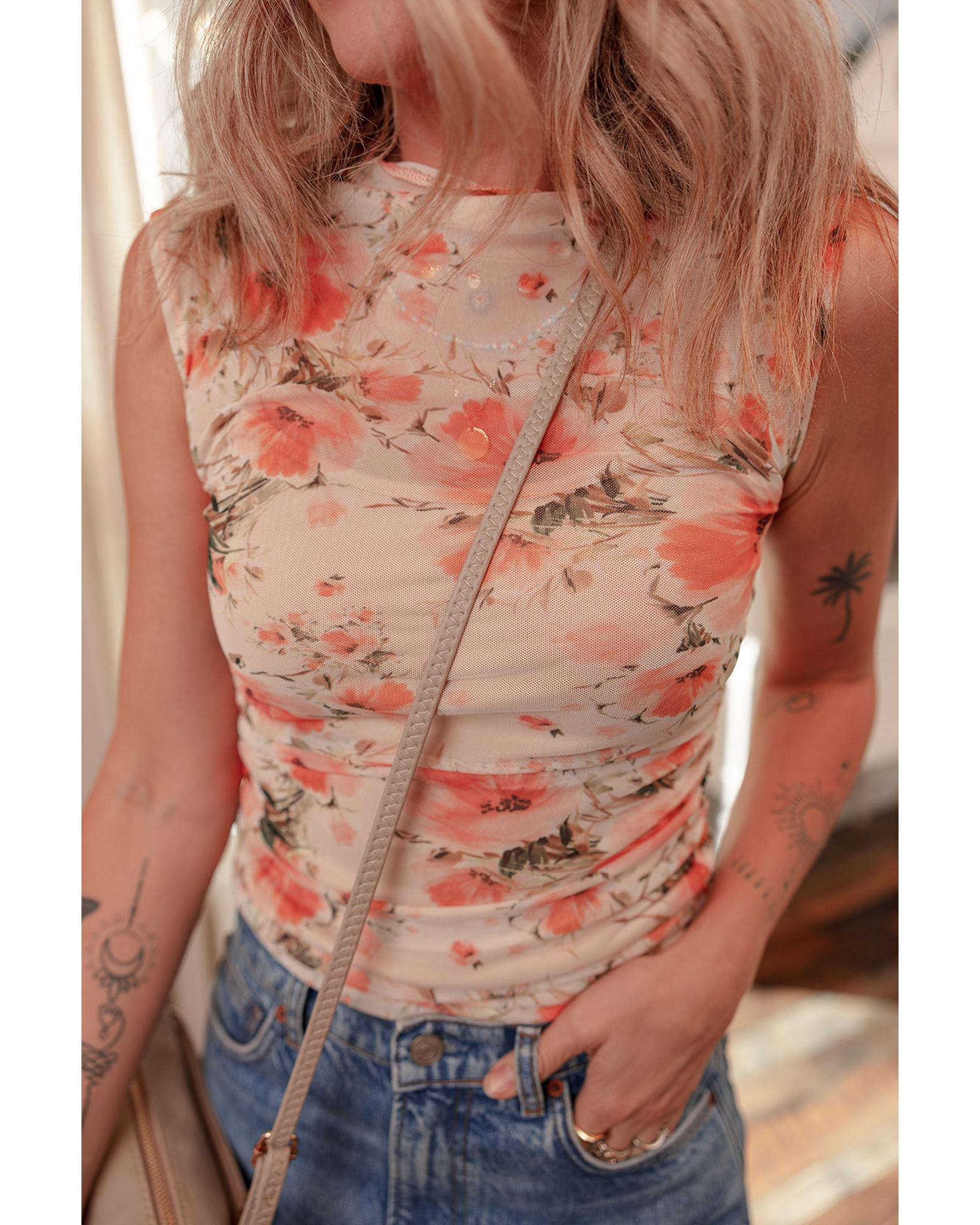 V539-AZEXDC25612843-P10320-XL-202508300440-00 Red Mesh Floral Printed Slim Fit Tank Top - XL - Image 1