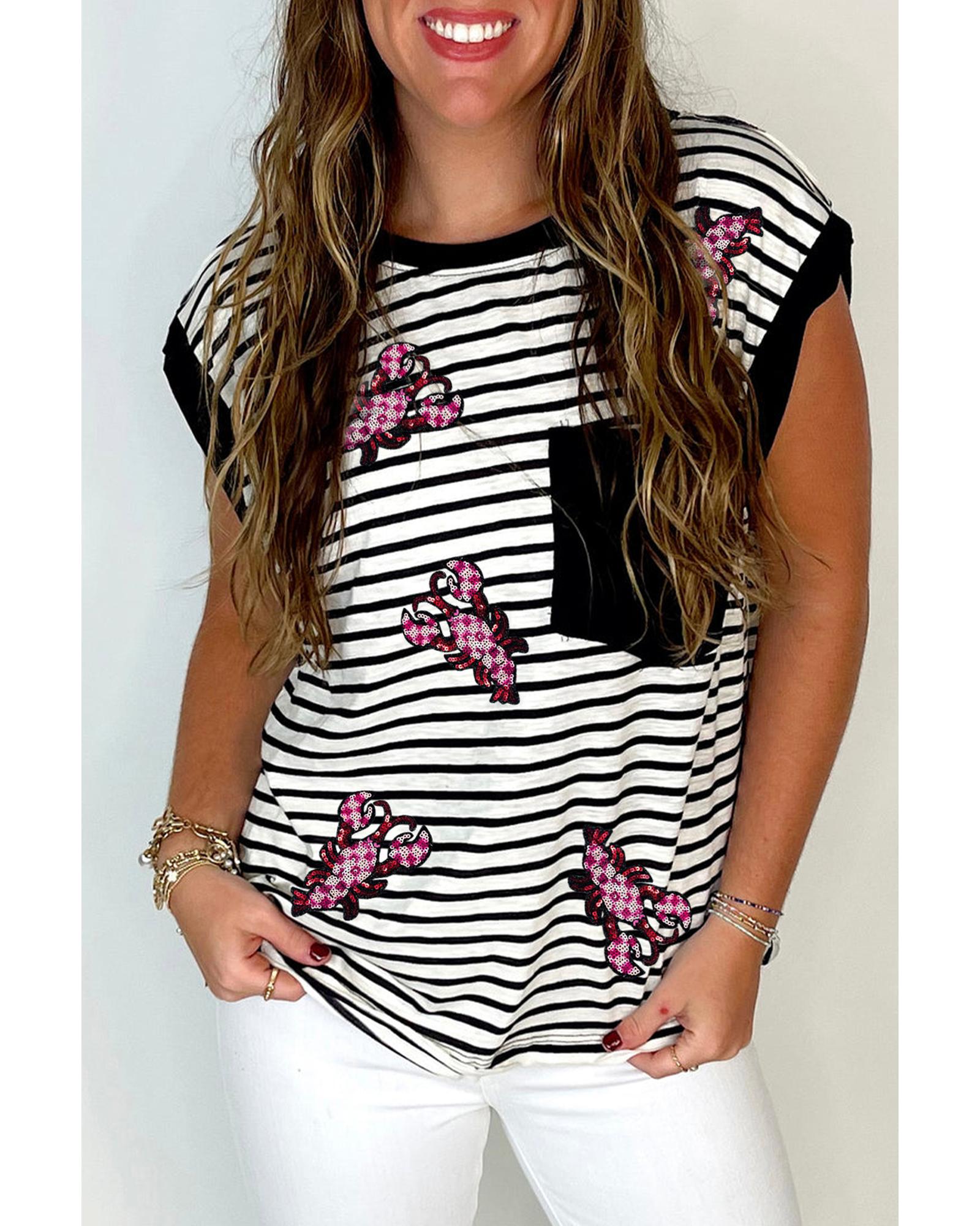 V539-AZEXDC25613370-P219-S-202506131712-00 Black Stripe Sequined Lobster Patched Pocket Casual Tank Top - S - Image 1