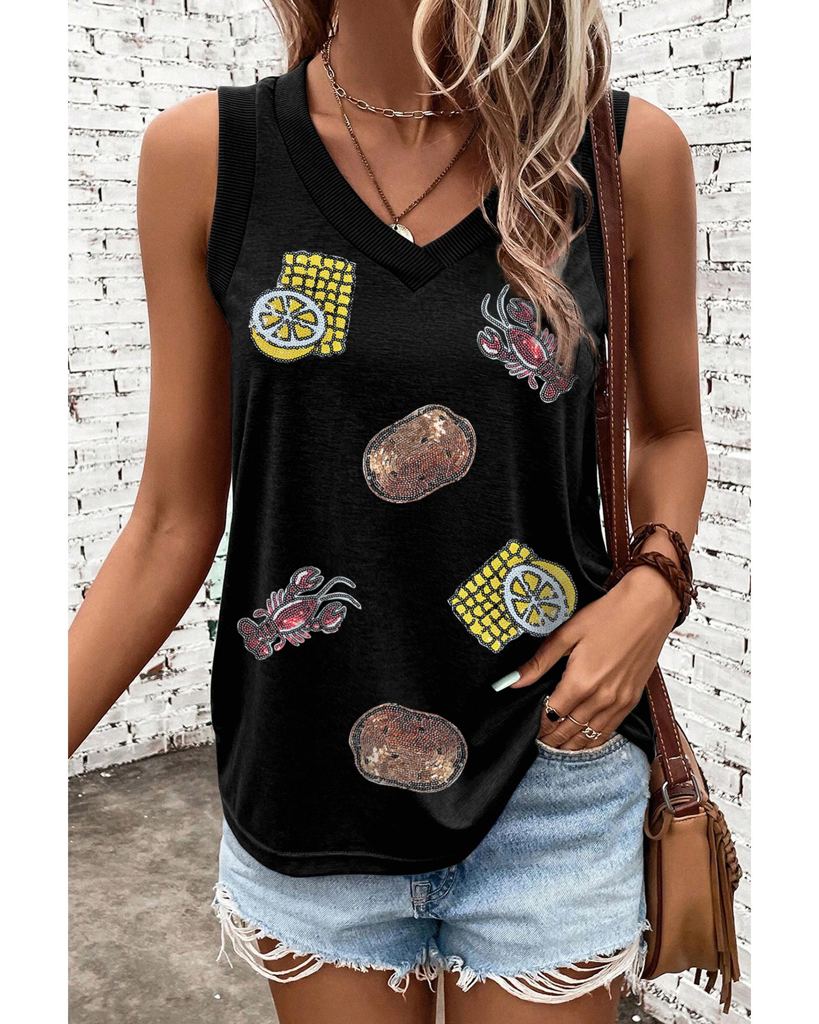 V539-AZEXDC25613451-P2-L-202508300220-00 Black Sequined Crawfish Ribbed V Neckline Tank Top - L - Image 1