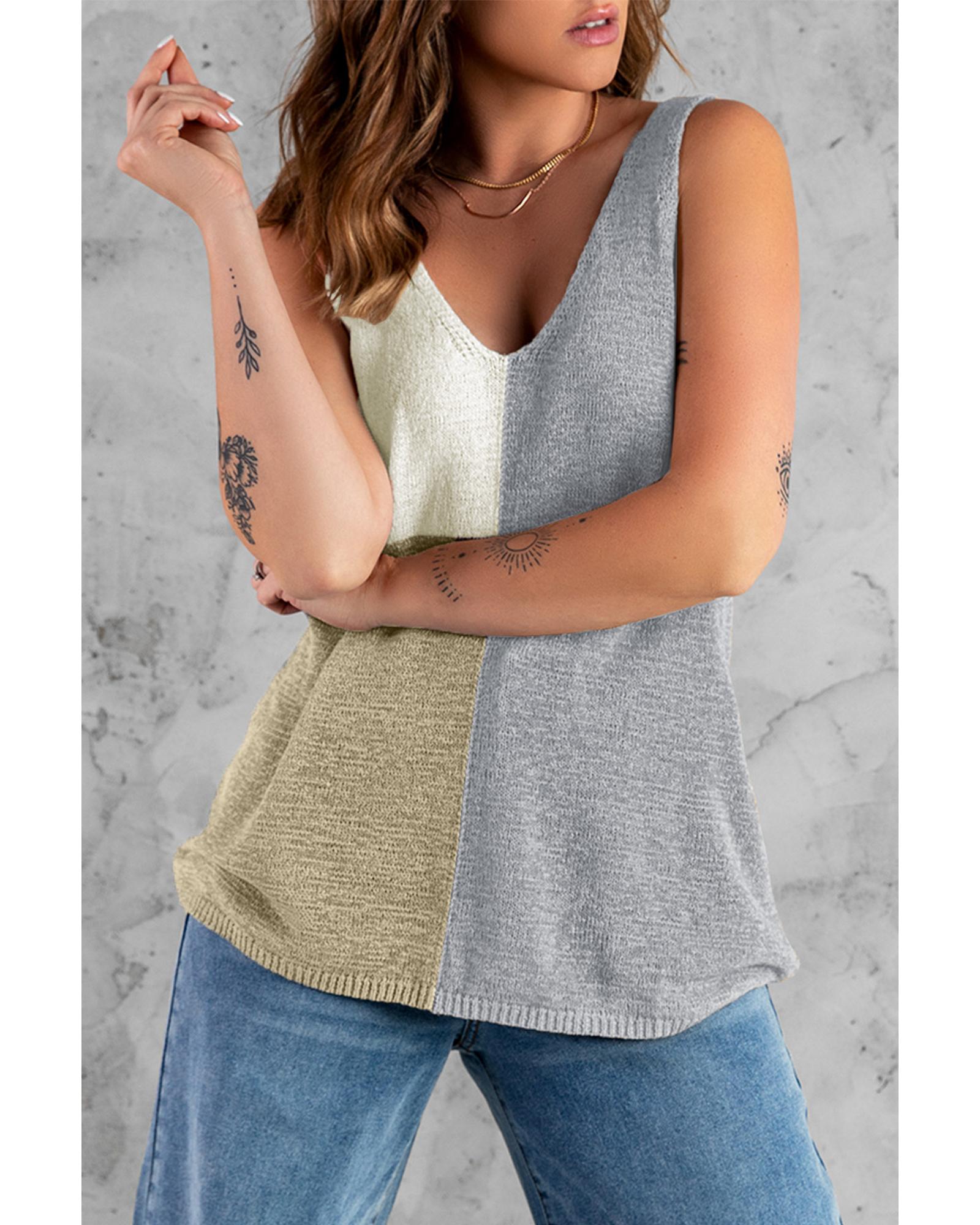 V539-AZEXDC2564999-11-XL-202508281210-00 Gray Color Block Knitted Tank Top - XL - Image 1