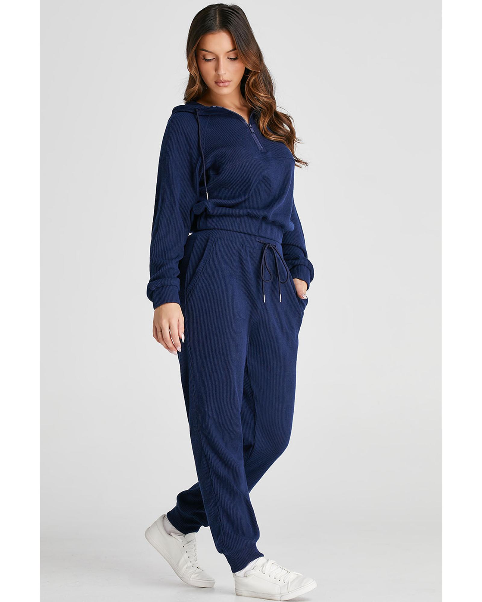 V539-AZEXDC2611646-P605-S-202506131510-00 Navy Blue Ribbed Knit Cropped Hoodie and Drawstring Joggers Set - S - Image 1