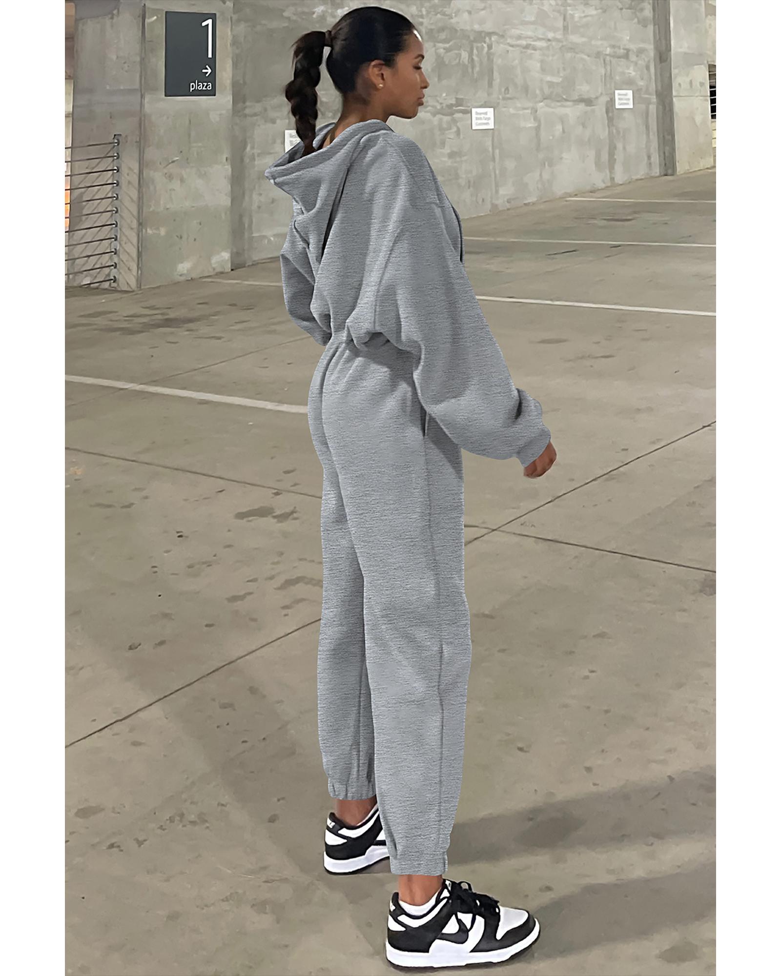 V539-AZEXDC2611658-P11-L-202508300415-00 Gray Solid Drop Shoulder Hoodie and Joggers Activewear Set - L - Image 1