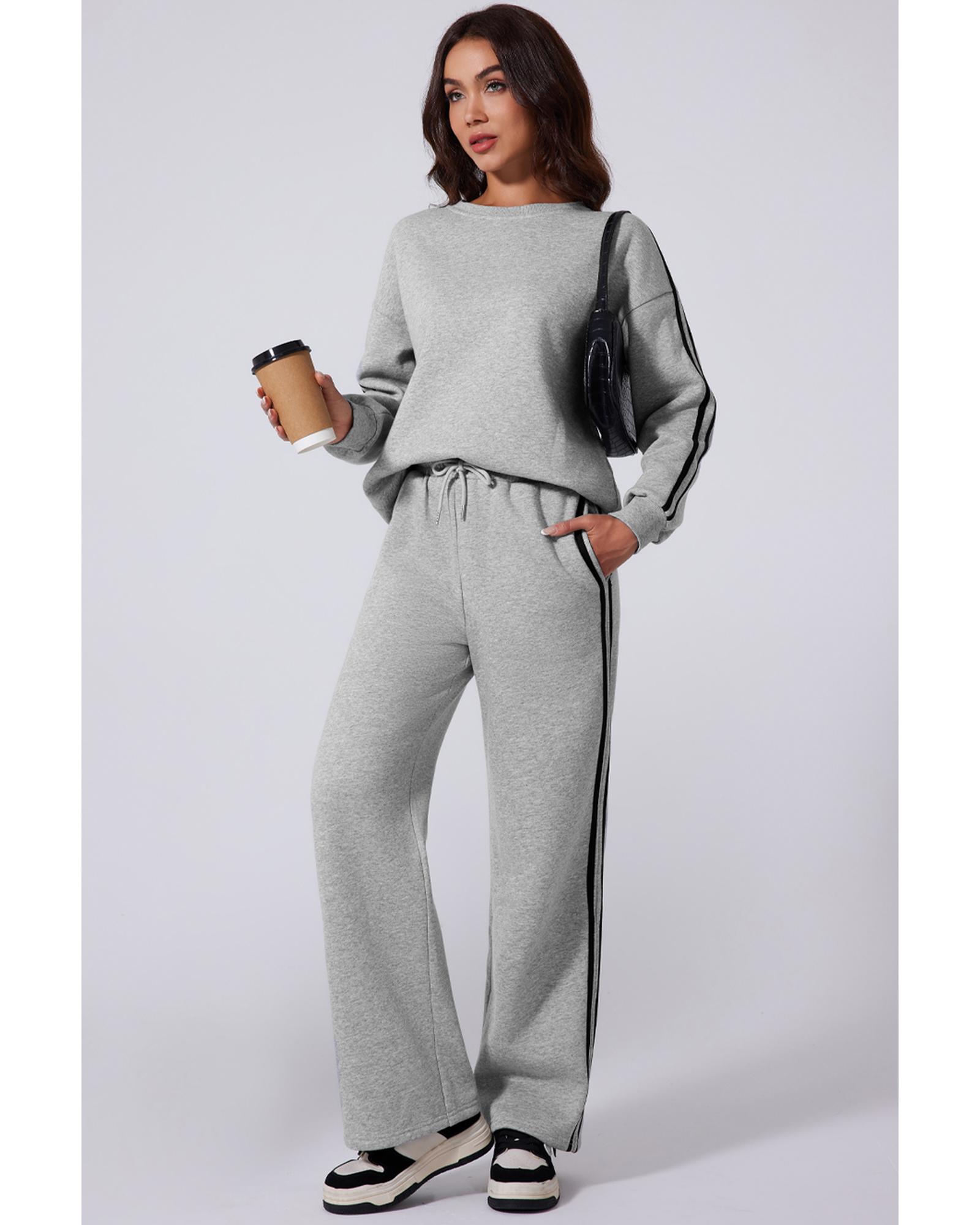 V539-AZEXDC2611665-P1011-XL-202508281955-00 Light Grey Solid Color Side Striped Sweatshirt Active Set - XL - Image 1