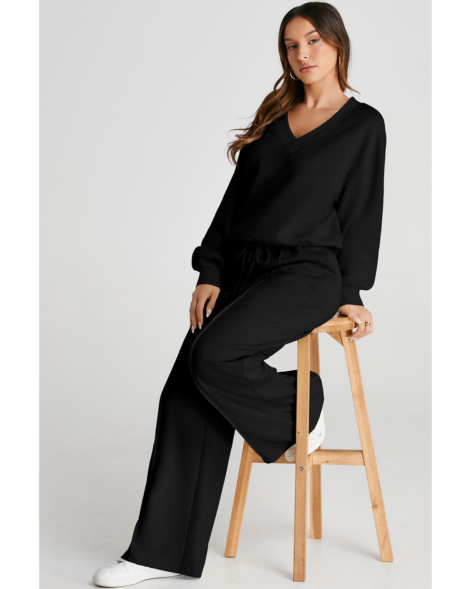 V539-AZEXDC2611683-P2-L-202508270645-00 Black V Neck Cropped Seamed High Waist Sports Wear - L - Image 1