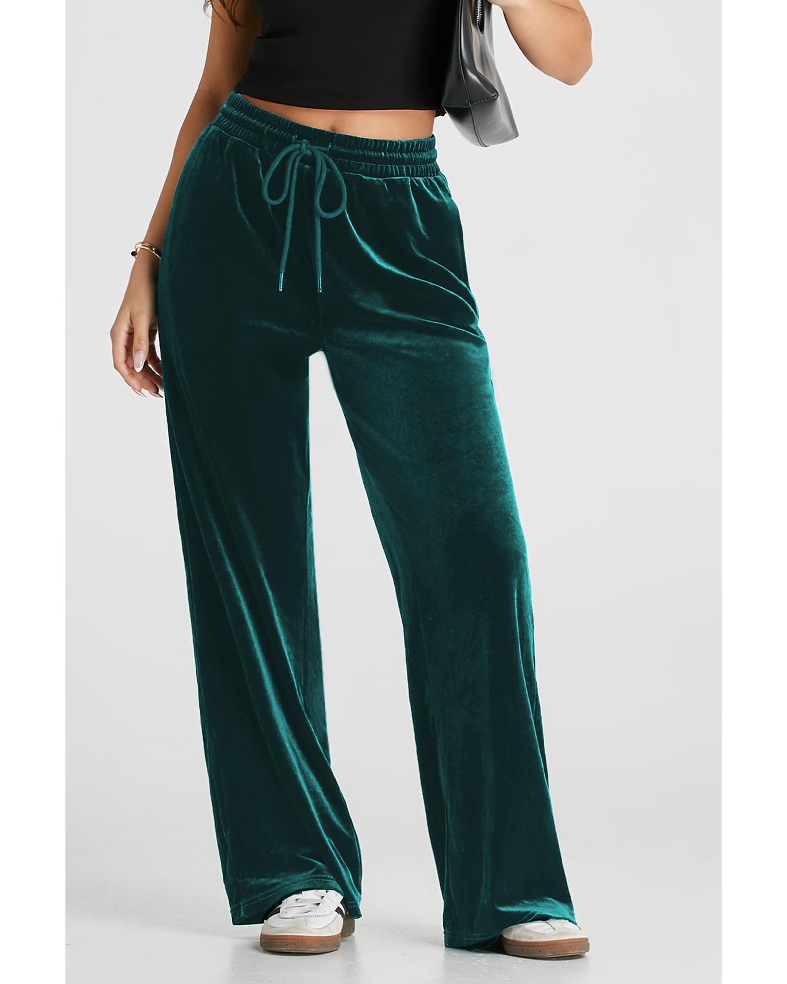 V539-AZEXDC265582-P2509-XL-202508270740-00 Evergreen Solid Drawstring Waist Wide Leg Pants - XL - Image 1