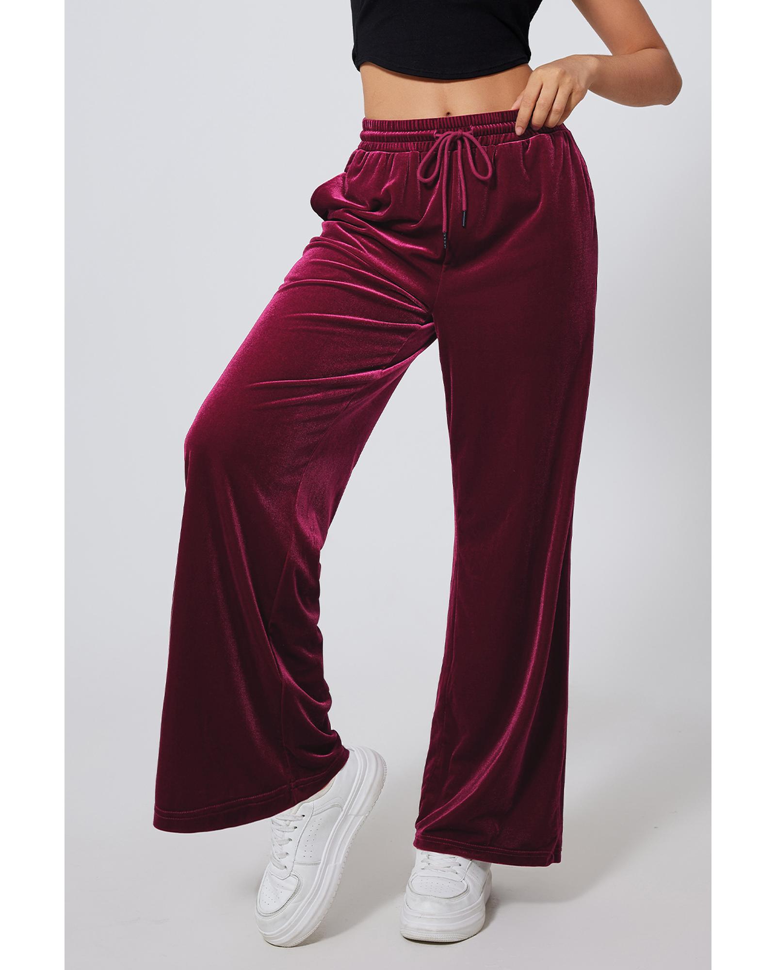 V539-AZEXDC265582-P503-M-202508271405-00 Burgundy Solid Drawstring Waist Wide Leg Pants - M - Image 1