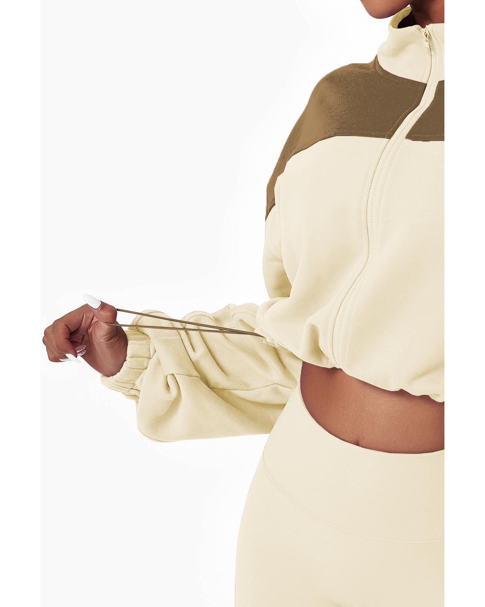 V539-AZEXDC266009-15-XL-202508290120-00 Beige Color Block Drawstring Cropped Athleisure Jacket - XL - Image 1