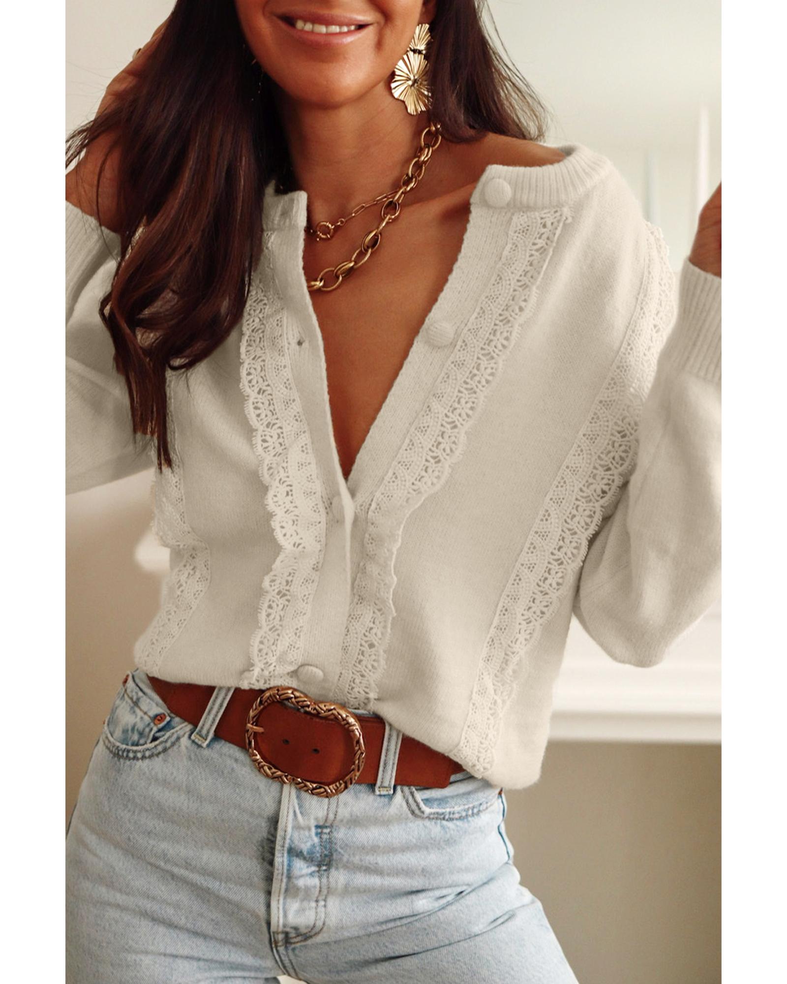 V539-AZEXDC2711043-18-XL-202508300155-00 Apricot Lace Trim Ribbed Round Neck Button Up Cardigan - XL - Image 1