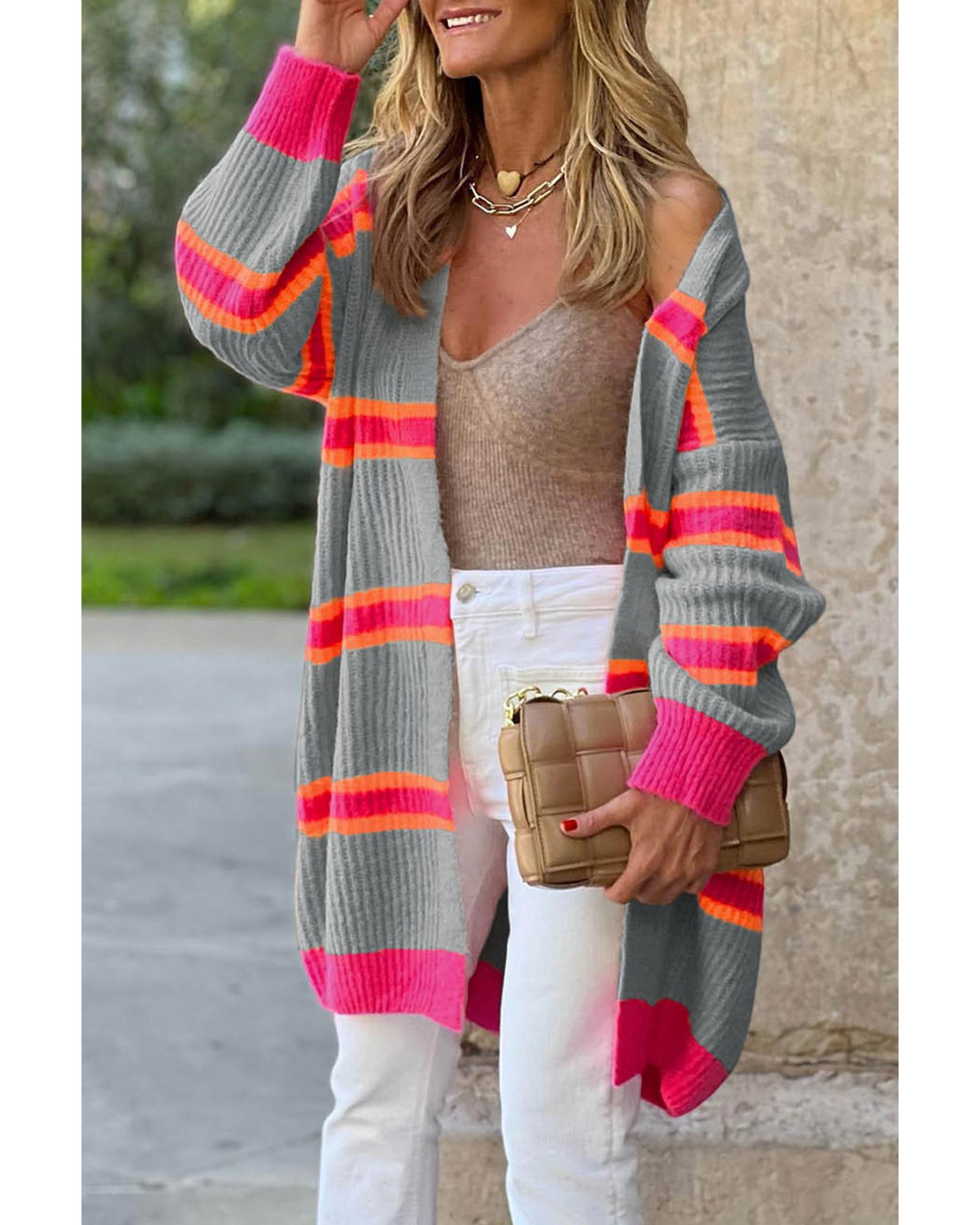 V539-AZEXDC2711054-P3011-XL-202508282025-00 Medium Grey Stripe Printed Ribbed Long Knitted Cardigan - XL - Image 1