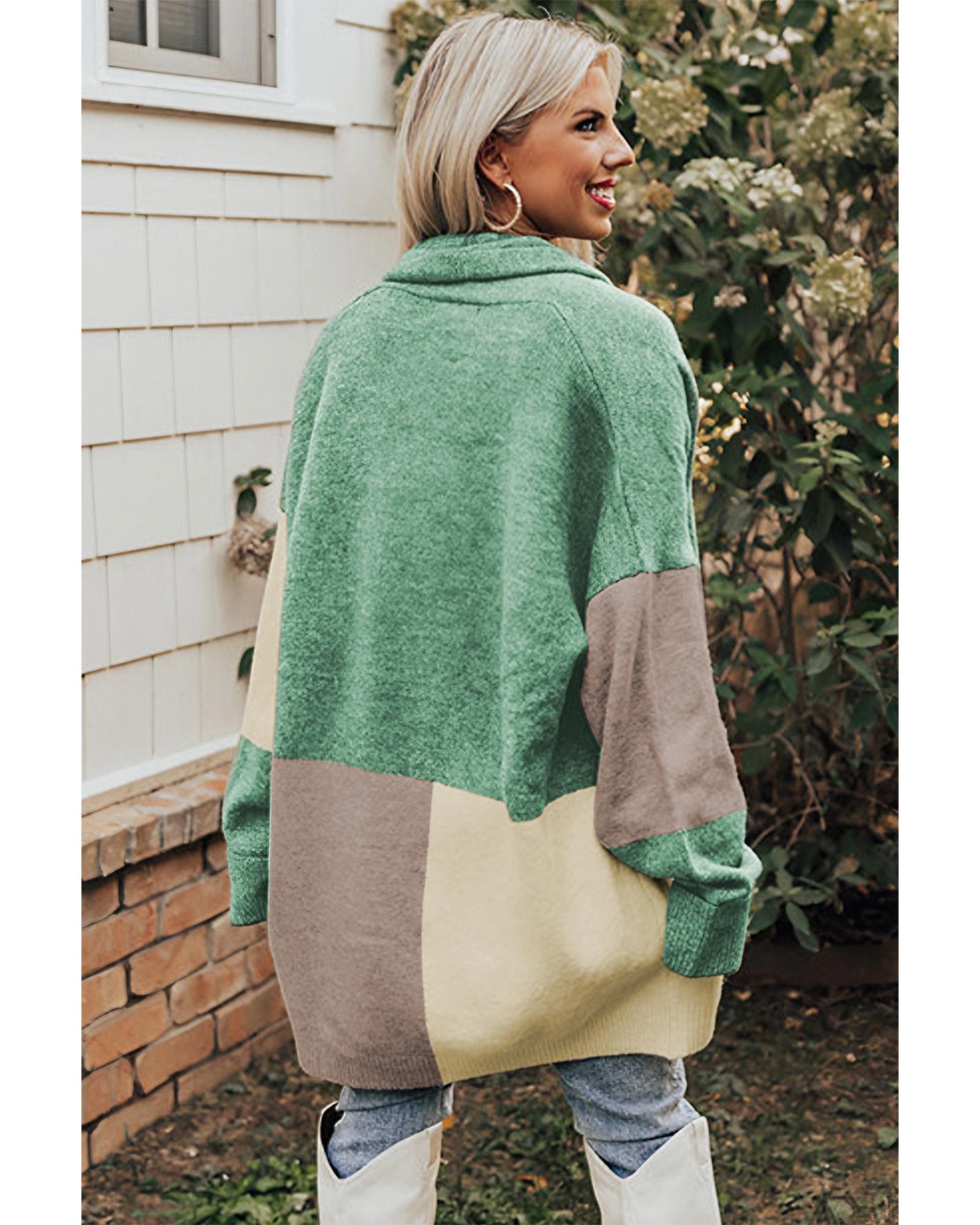 V539-AZEXDC2711103-9-XL-202508291550-00 Green Colorblock Draped Open Front Chunky Cardigan - XL - Image 1