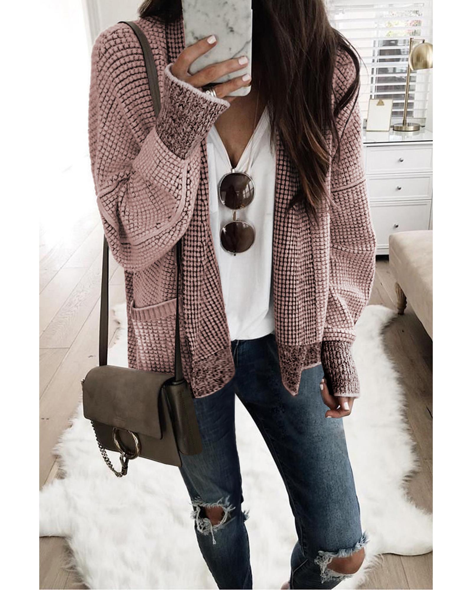 V539-AZEXDC2711120-10-M-202508292120-00 Pink Chunky Waffle Knit Oversized Collar Cardigan - M - Image 1
