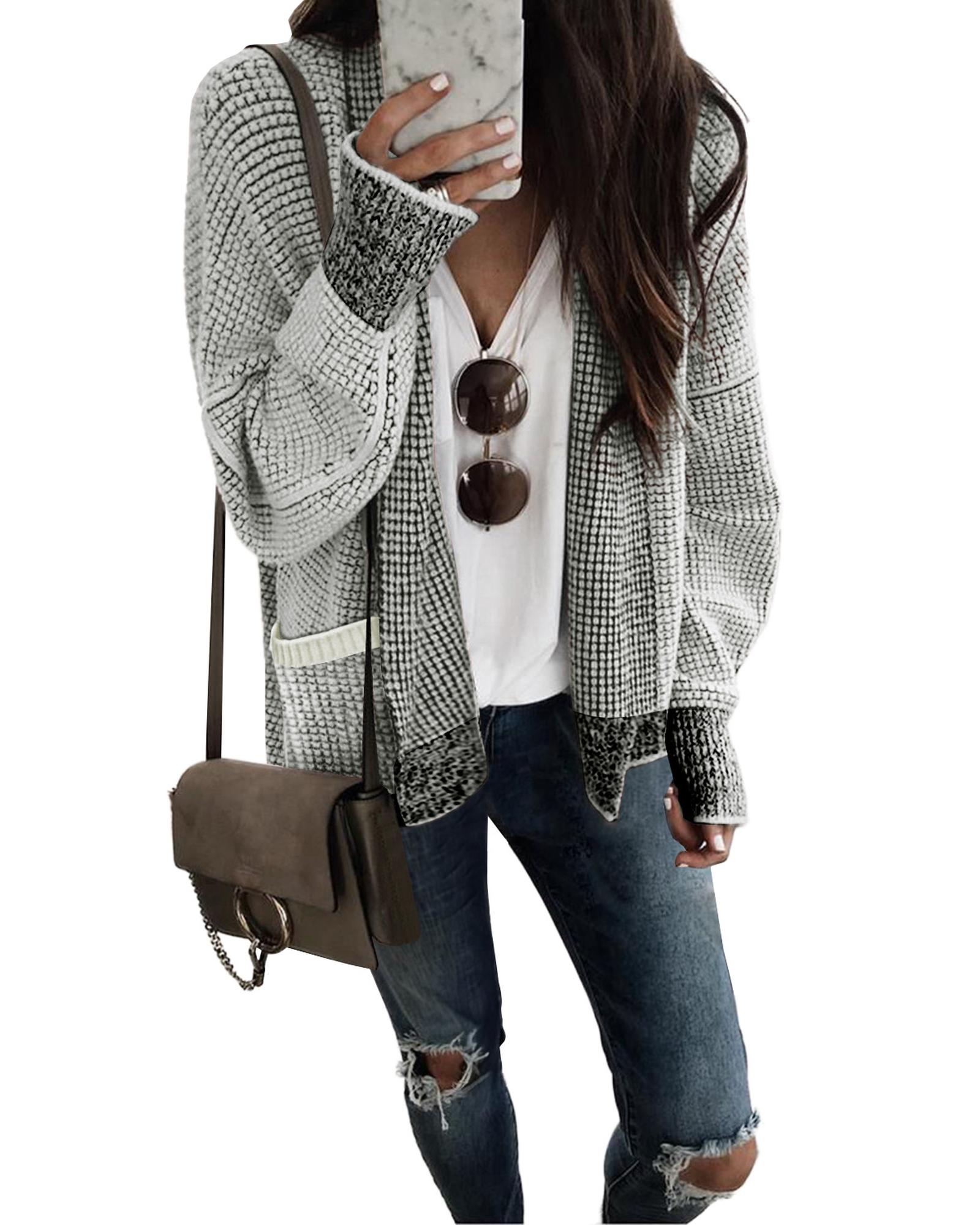 V539-AZEXDC2711120-11-M-202508300440-00 Gray Chunky Waffle Knit Oversized Collar Cardigan - M - Image 1