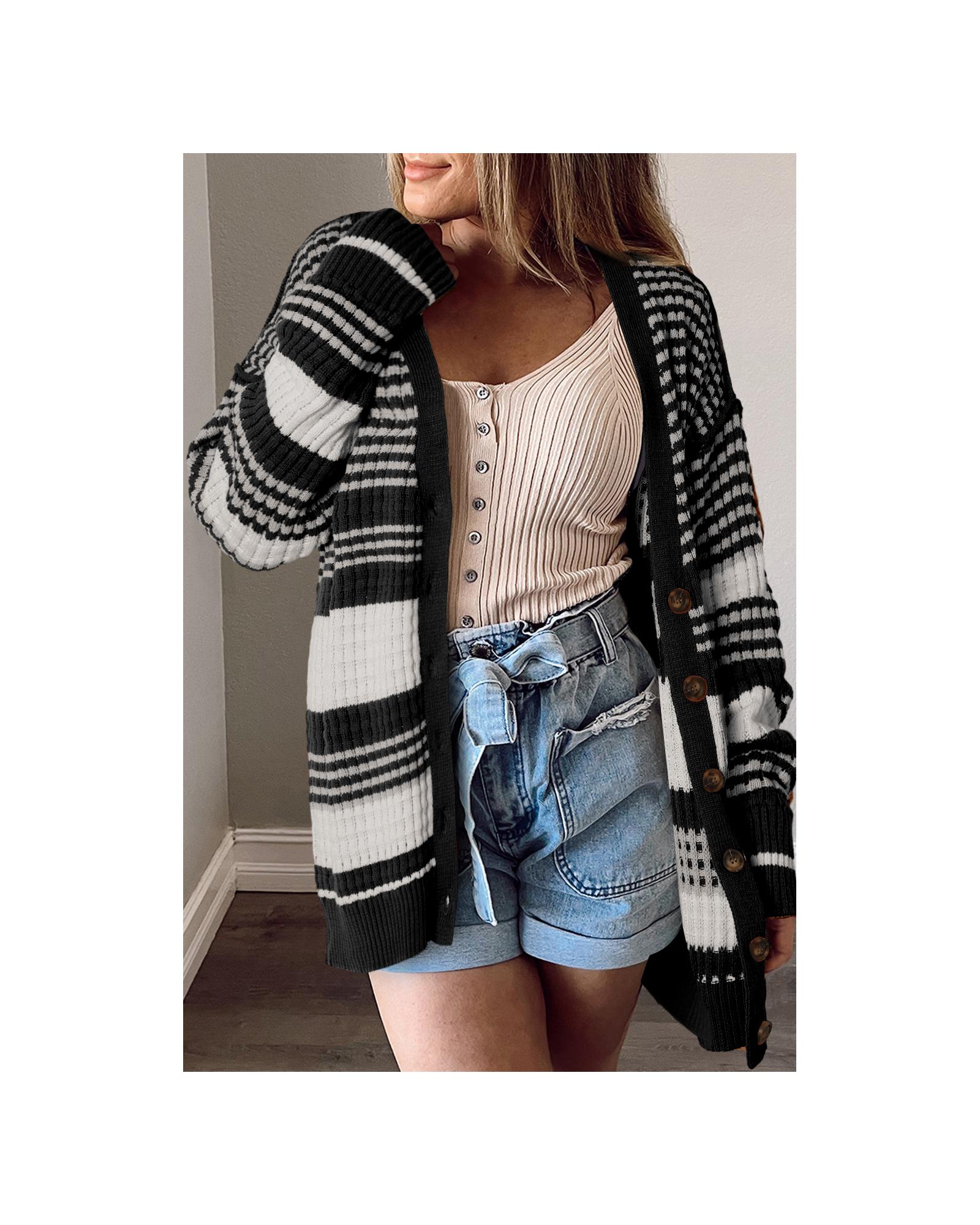 V539-AZEXDC2711151-P2-XL-202508281835-00 Black Colorblock Textured Knit Buttoned Cardigan - XL - Image 1