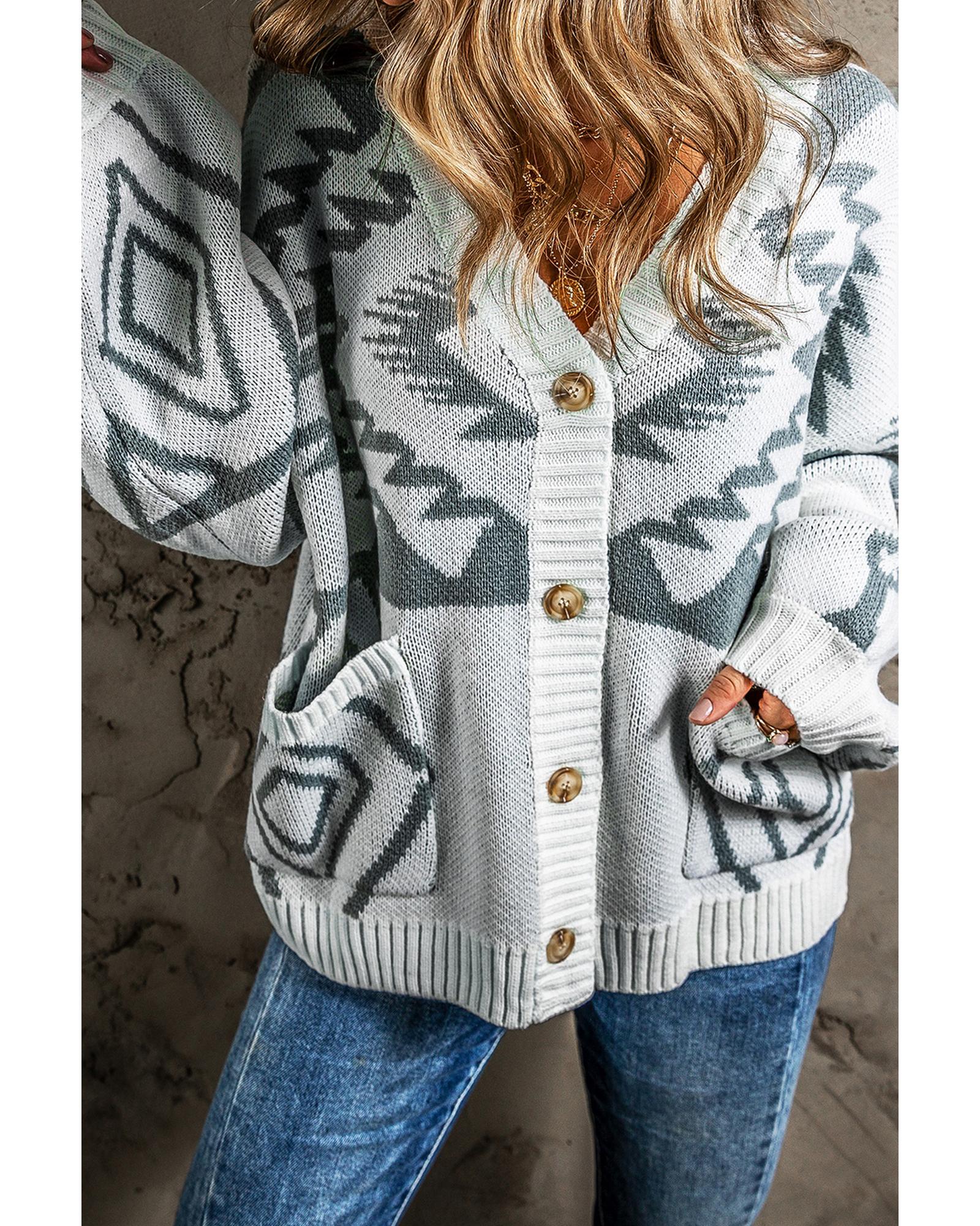 V539-AZEXDC2711305-P1011-L-202508280700-00 Light Grey Geometric Pattern Ribbed Trim Button-Up Cardigan - L - Image 1