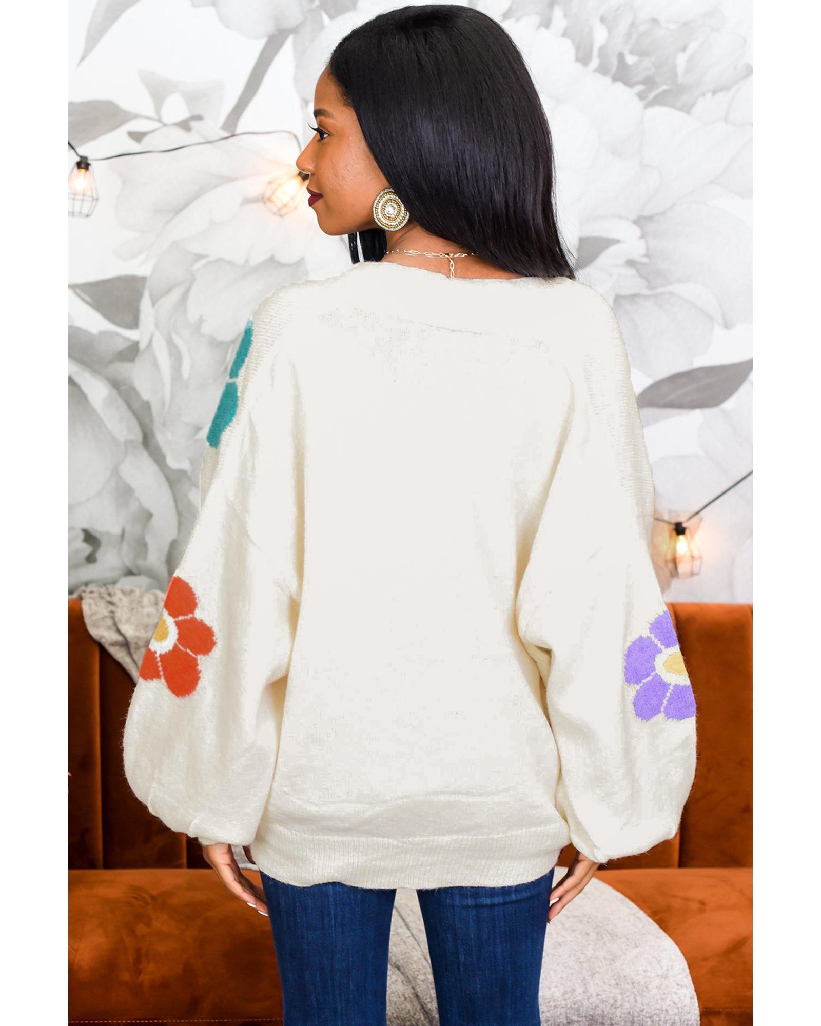 V539-AZEXDC2711349-P1-XL-202508291615-00 White Flower Jacquared Bubble Sleeve Open Cardigan - XL - Image 1