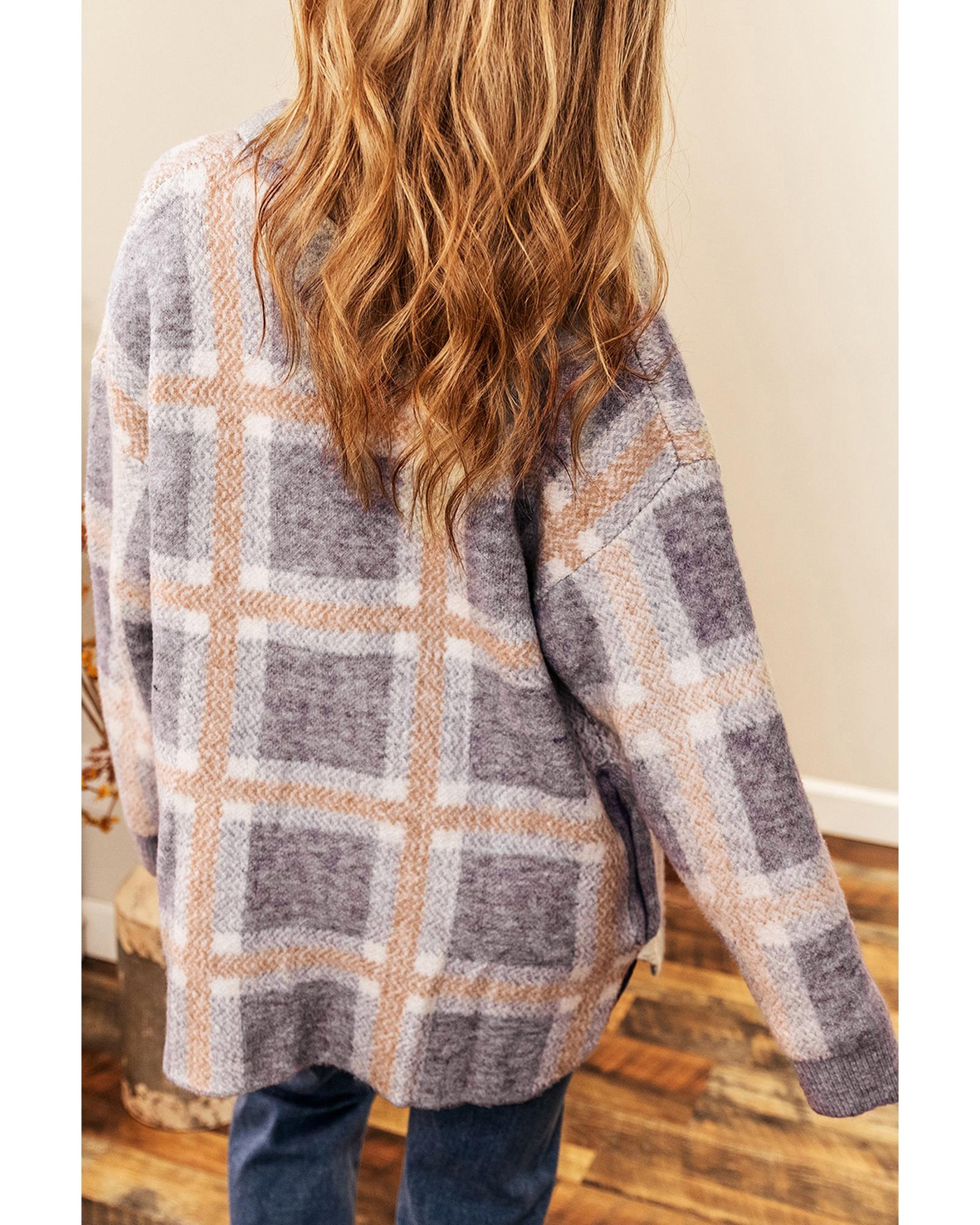 V539-AZEXDC2711397-P304-M-202508300500-00 Sky Blue Fuzzy Plaid Collared Button Up Cardigan - M - Image 1