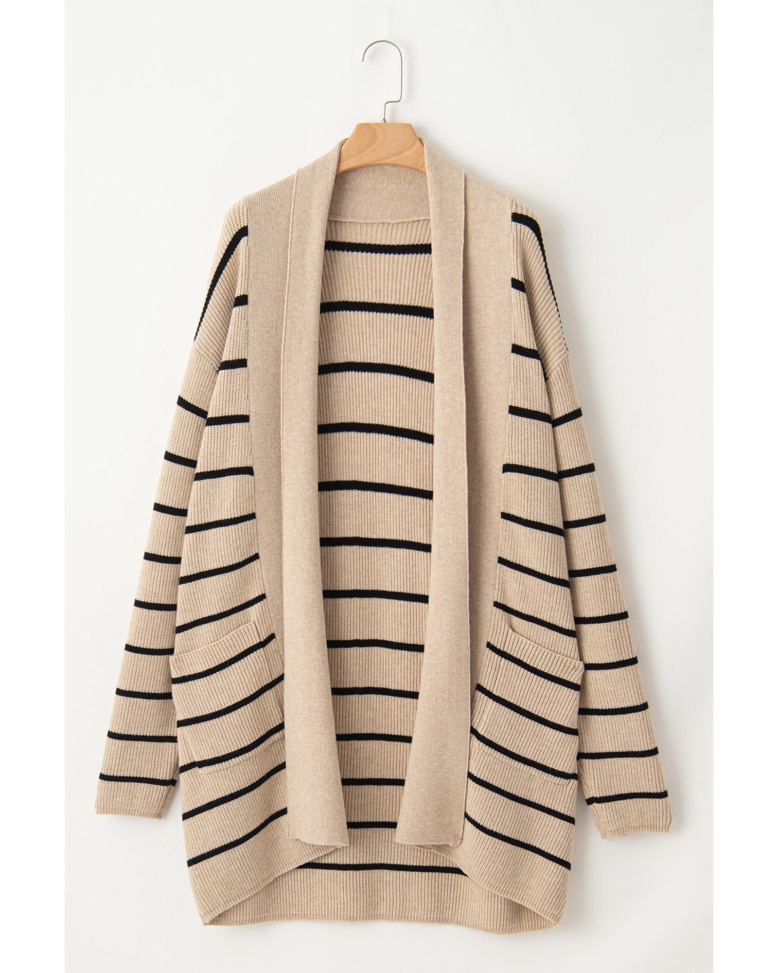 V539-AZEXDC2711497-P219-L-202508281725-00 Black Stripe Shawl Neckline Open Cardigan with Pockets - L - Image 1